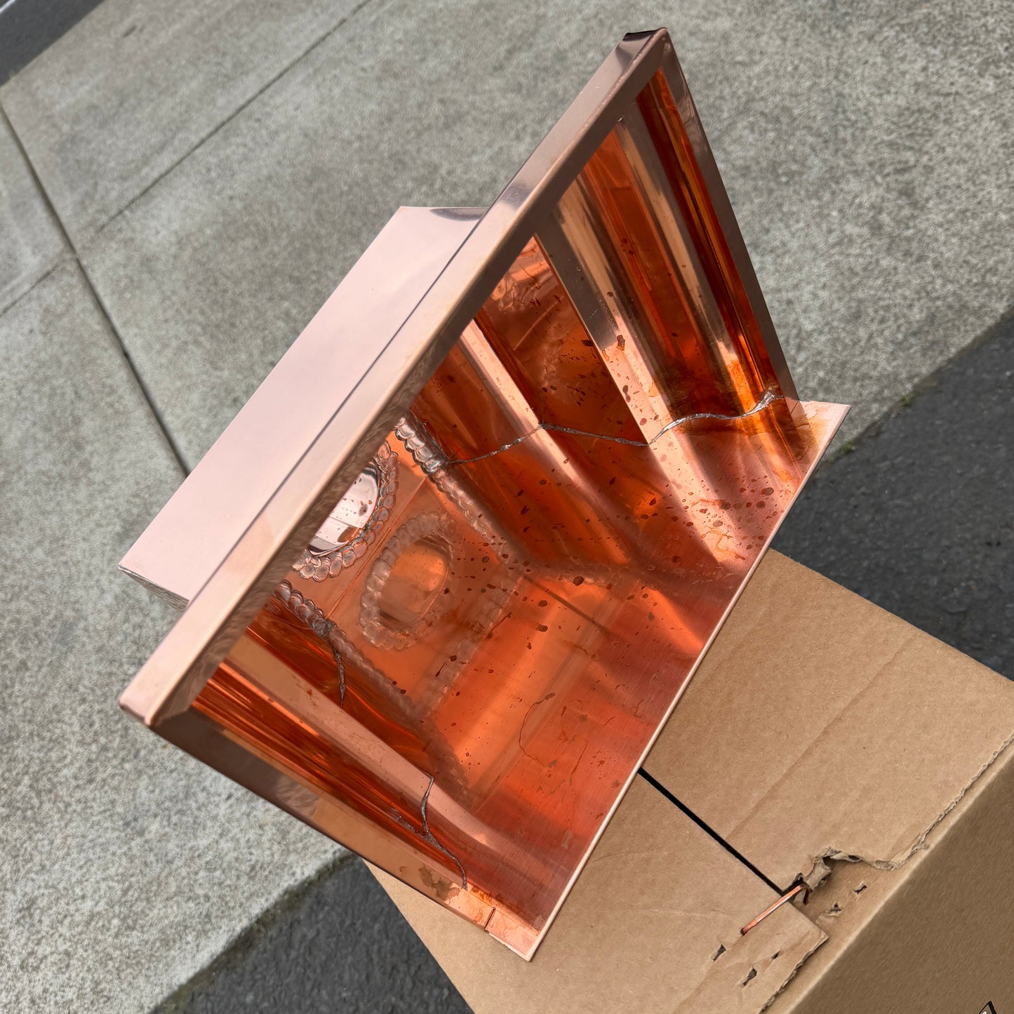 Copper conductor head leader head 13 inch crown molding rain collector box for 2x3 oval downspout residential gutter drainage architectural copper collector - GutterAll Damascus Oregon