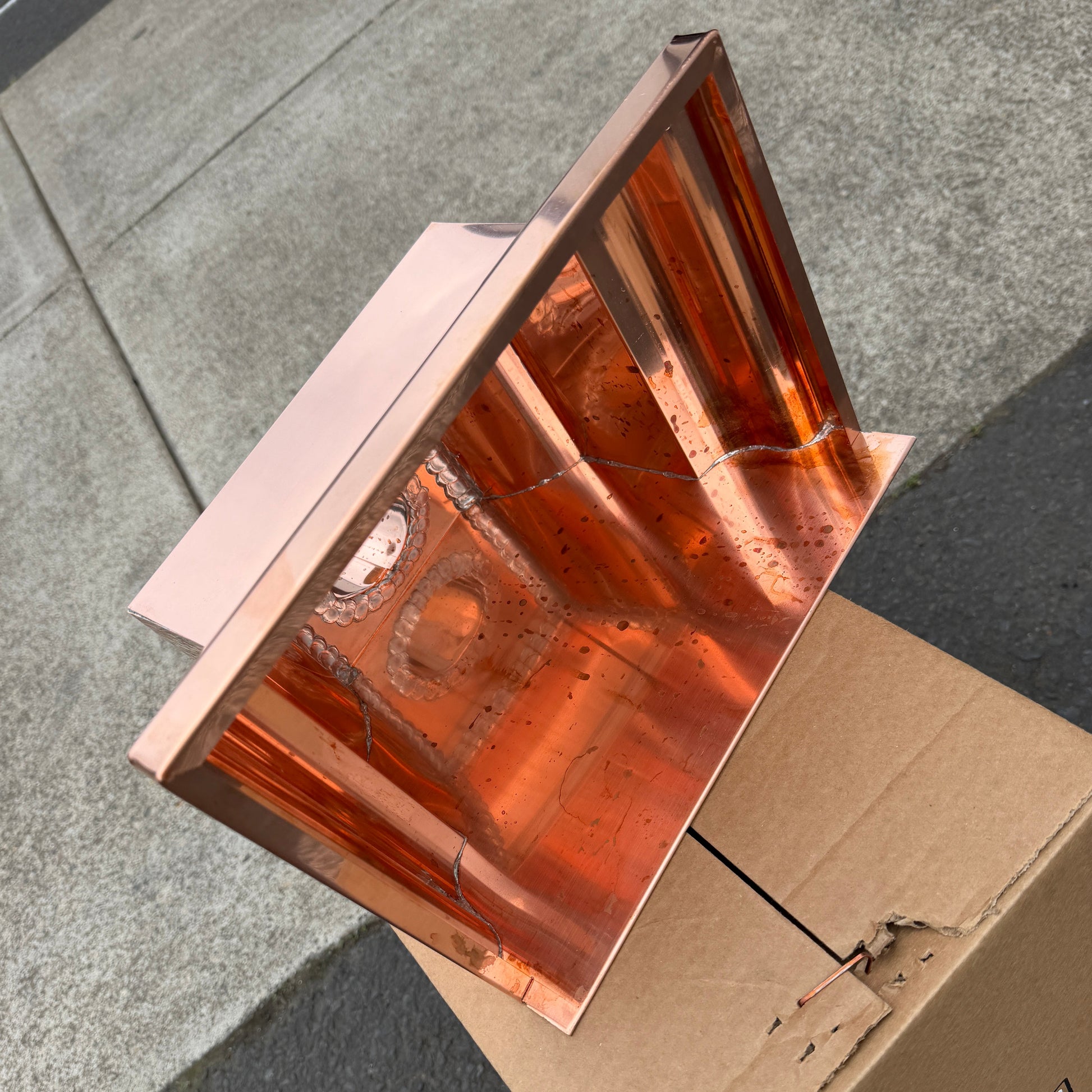 Copper conductor head leader head 13 inch crown molding rain collector box for 2x3 oval downspout residential gutter drainage architectural copper collector - GutterAll Damascus Oregon