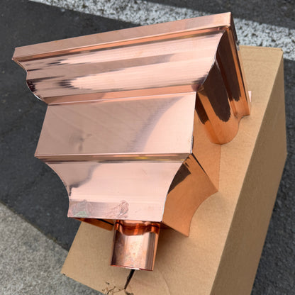 Copper conductor head leader head 13 inch crown molding rain collector box for 2x3 oval downspout residential gutter drainage architectural copper collector - GutterAll Damascus Oregon