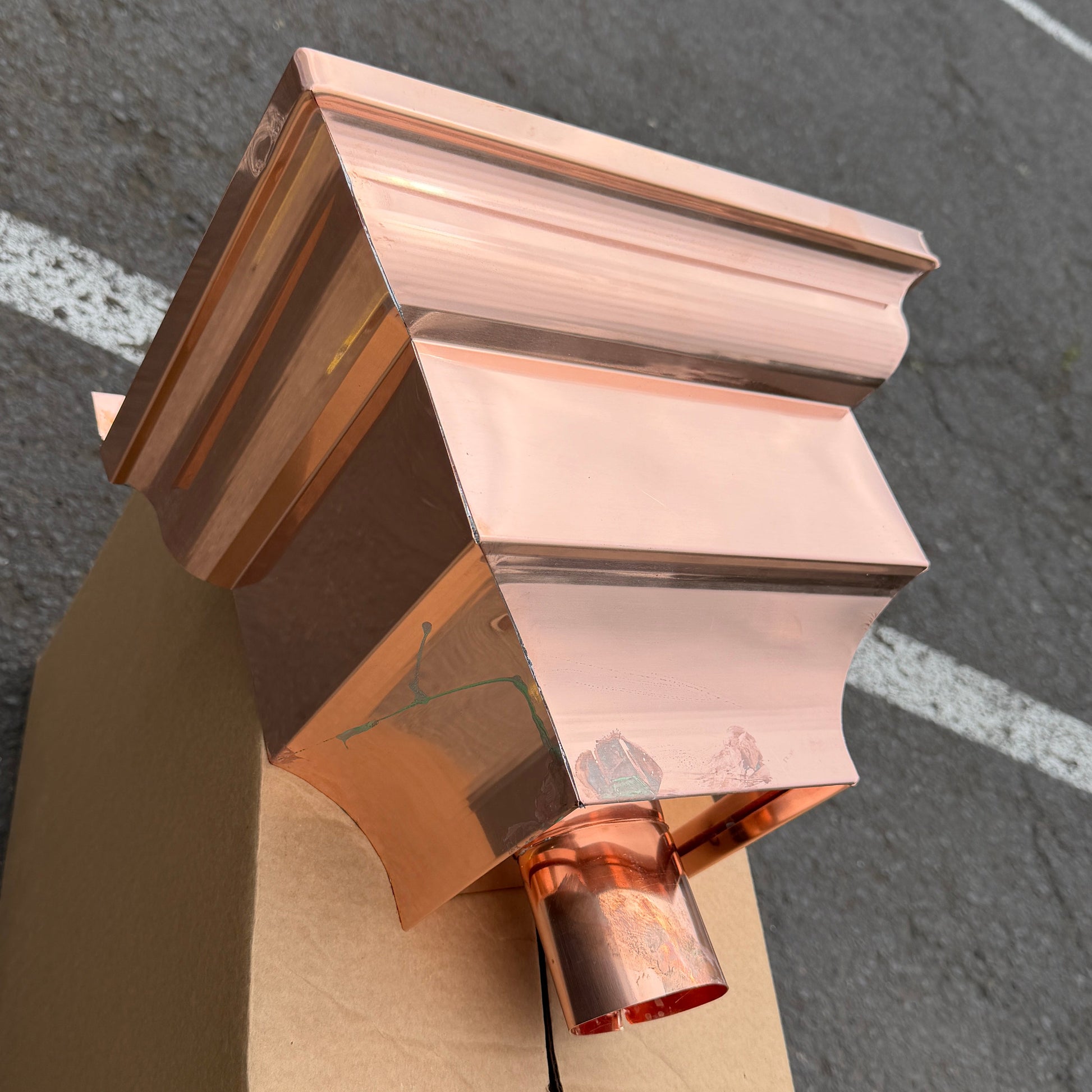 Copper conductor head leader head 13 inch crown molding rain collector box for 2x3 oval downspout residential gutter drainage architectural copper collector - GutterAll Damascus Oregon