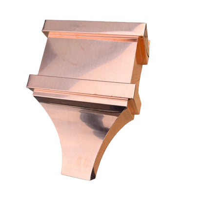 Small copper conductor head single crown style 10x6x13 inch leader head rain collector box featuring single crown top smooth curved face decorative bands and 2x3 square downspout outlet in bright mill finish 16 oz copper by GutterAll Damascus Oregon