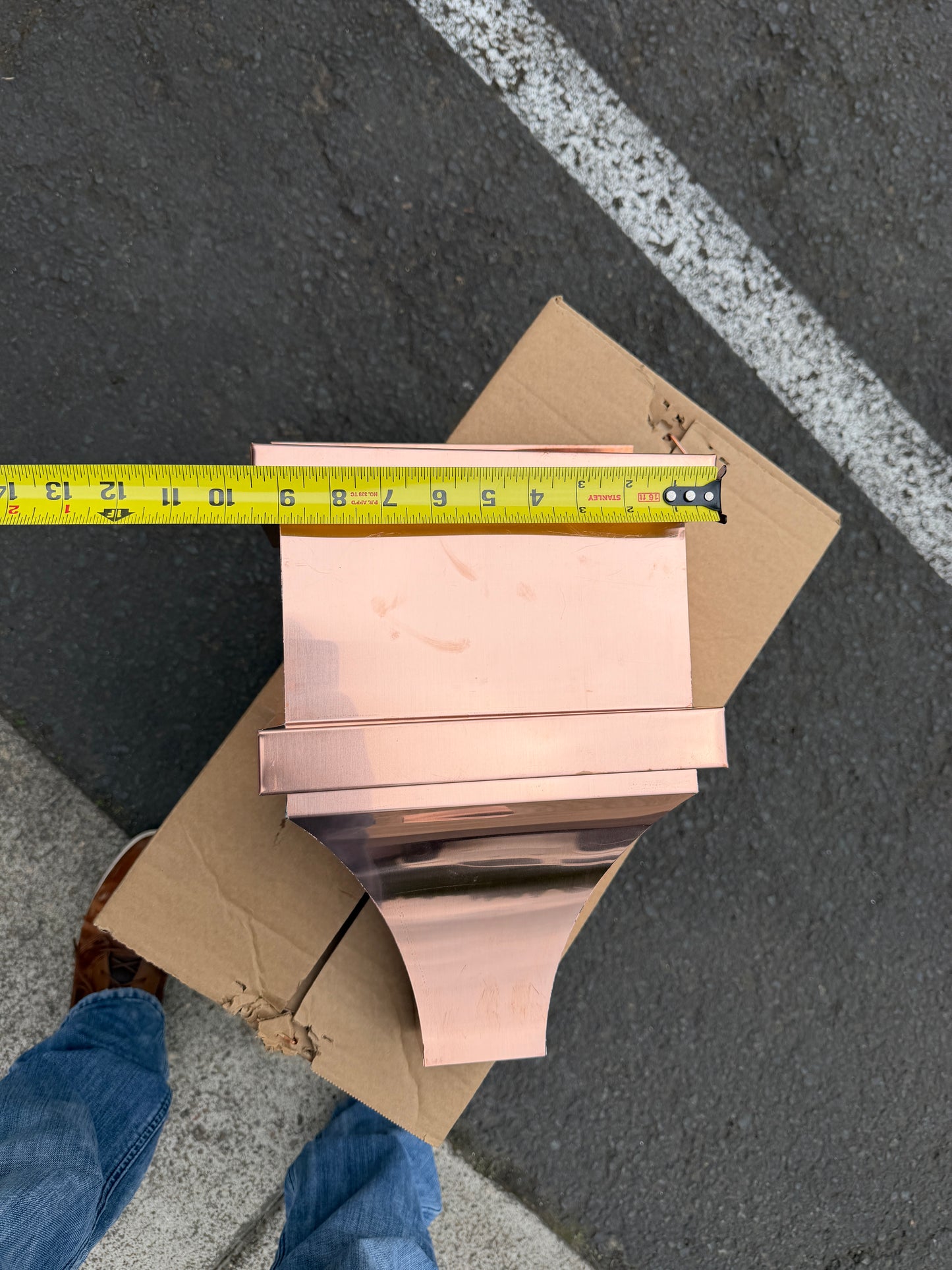 Small copper conductor head single crown style 10x6x13 inch leader head rain collector box featuring single crown top smooth curved face decorative bands and 2x3 square downspout outlet in bright mill finish 16 oz copper by GutterAll Damascus Oregon