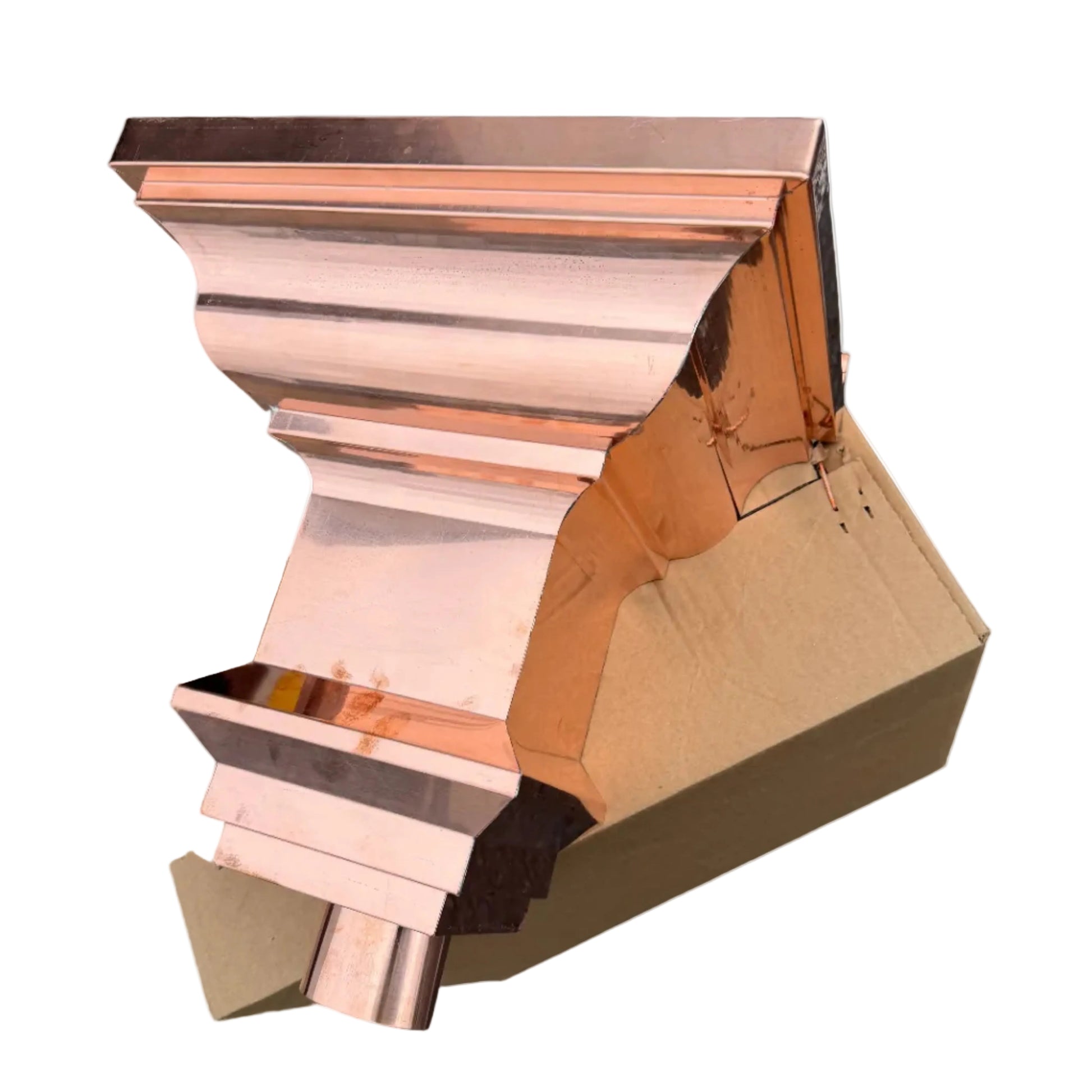Copper conductor head crown style 14x10x14 inch leader head rain collector box featuring decorative crown profile stacked molding deep curved bowl and 2x3 oval downspout outlet in bright mill finish 16 oz copper by GutterAll Damascus Oregon