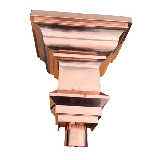 Copper conductor head crown style 14x10x14 inch leader head rain collector box featuring decorative crown profile stacked molding deep curved bowl and 2x3 oval downspout outlet in bright mill finish 16 oz copper by GutterAll Damascus Oregon