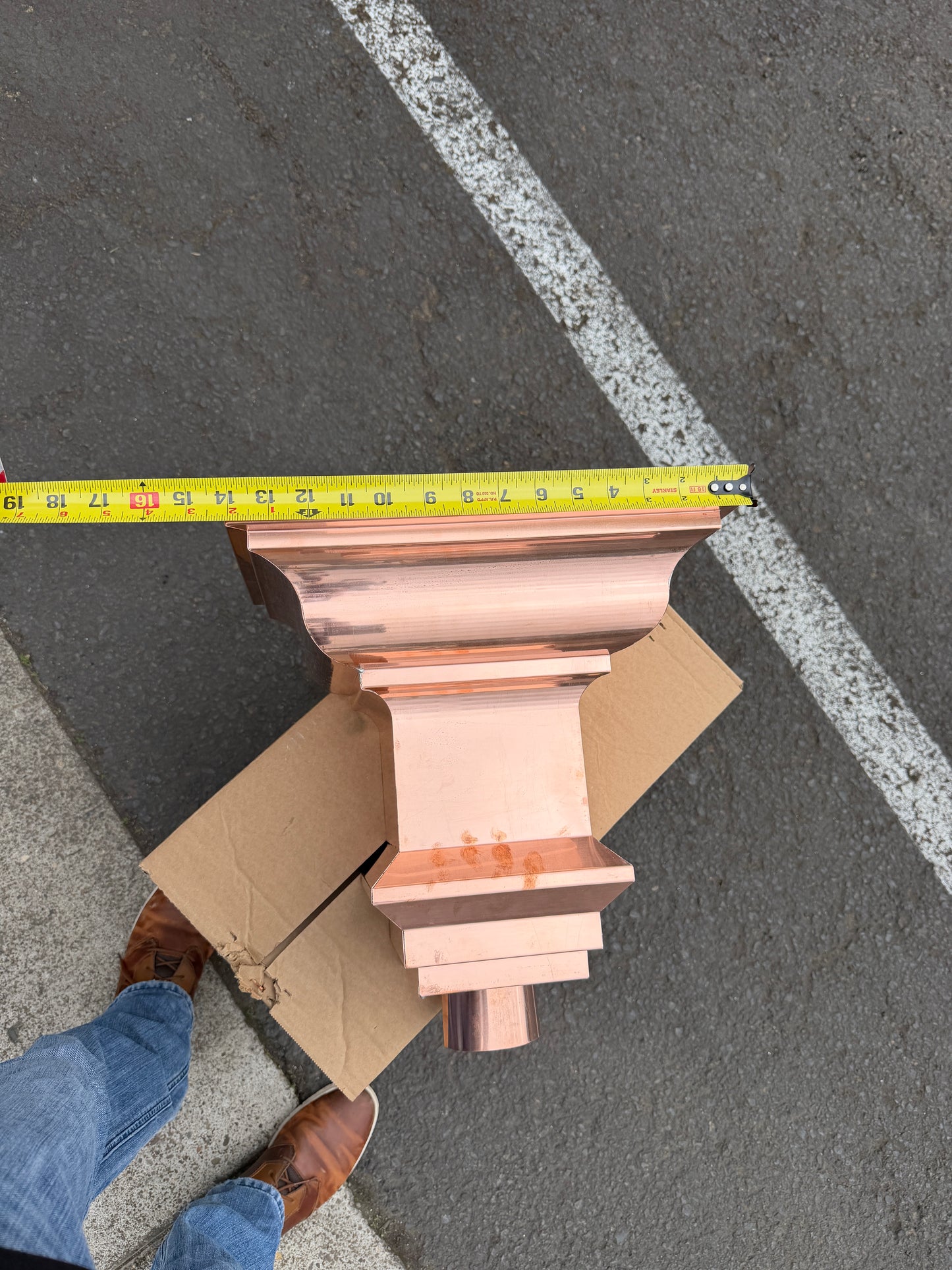 Copper conductor head crown style 14x10x14 inch leader head rain collector box featuring decorative crown profile stacked molding deep curved bowl and 2x3 oval downspout outlet in bright mill finish 16 oz copper by GutterAll Damascus Oregon