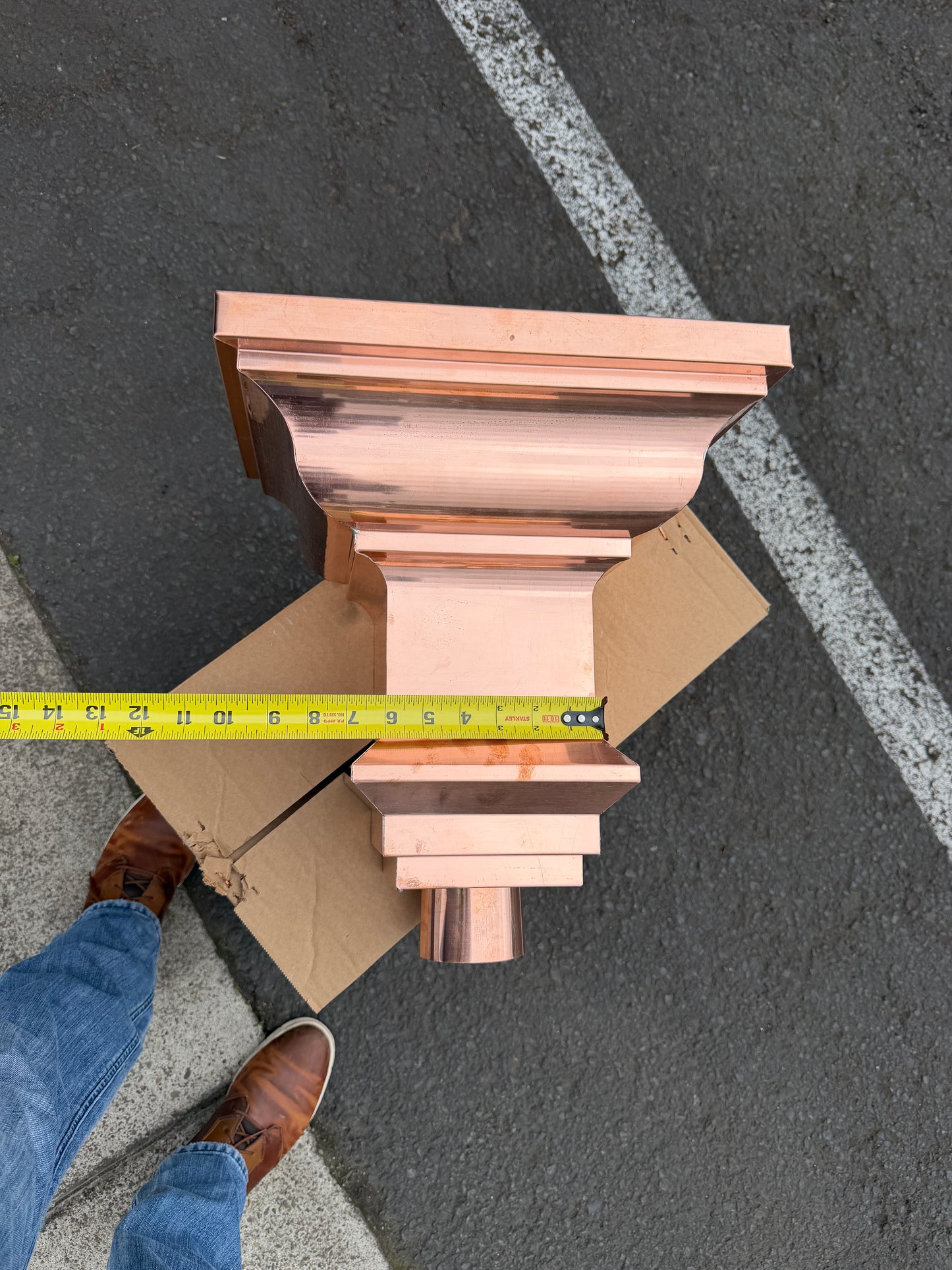 Copper conductor head crown style 14x10x14 inch leader head rain collector box featuring decorative crown profile stacked molding deep curved bowl and 2x3 oval downspout outlet in bright mill finish 16 oz copper by GutterAll Damascus Oregon
