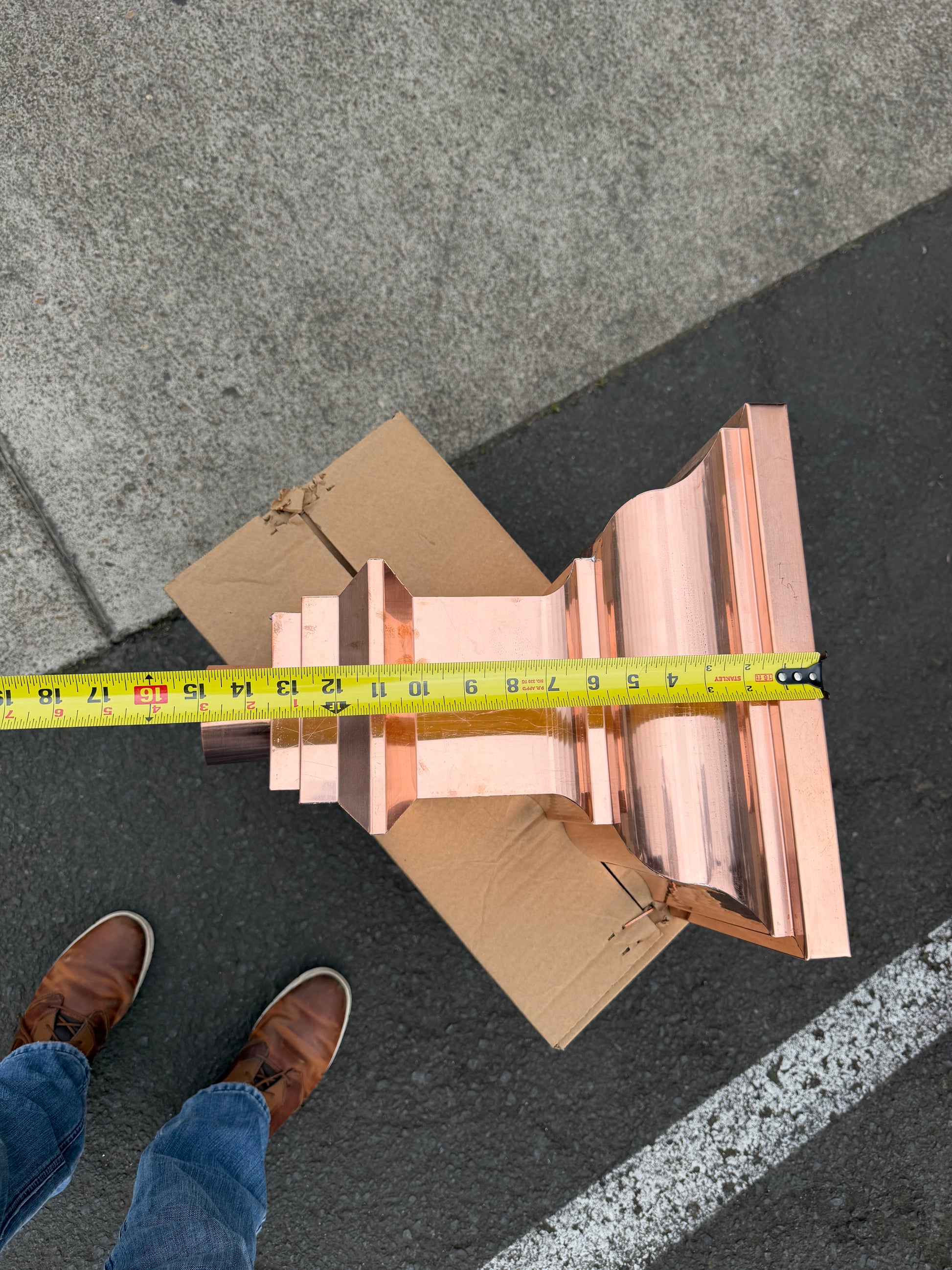 Copper conductor head crown style 14x10x14 inch leader head rain collector box featuring decorative crown profile stacked molding deep curved bowl and 2x3 oval downspout outlet in bright mill finish 16 oz copper by GutterAll Damascus Oregon