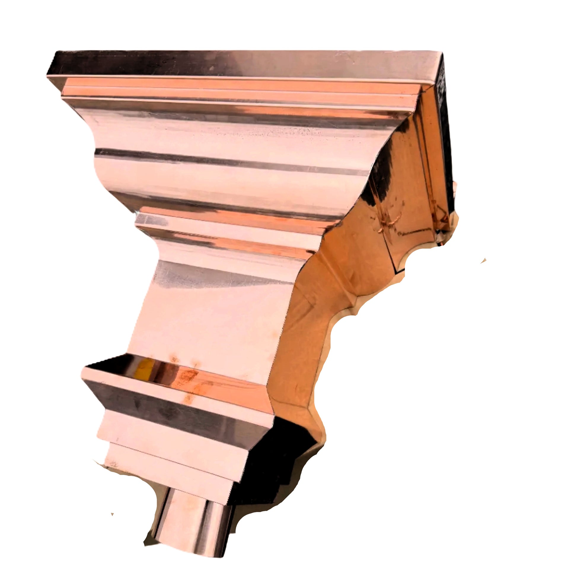 Copper conductor head crown style 14x10x14 inch leader head rain collector box featuring decorative crown profile stacked molding deep curved bowl and 2x3 oval downspout outlet in bright mill finish 16 oz copper by GutterAll Damascus Oregon