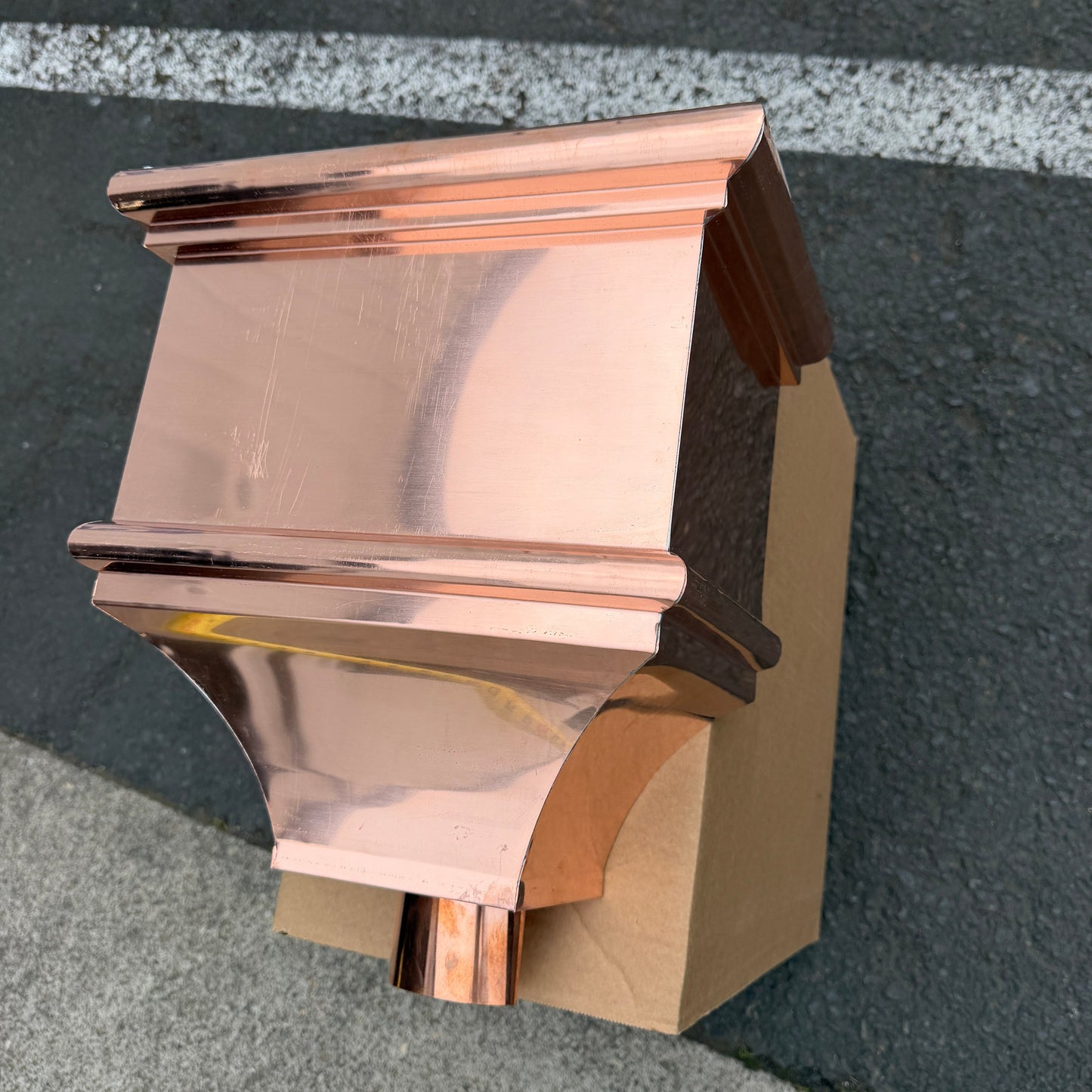 Copper conductor head leader head rain head collection box 14 inch single crown top smooth front flared body 2x3 oval downspout connection architectural gutter accessory premium residential commercial Damascus Oregon GutterAll