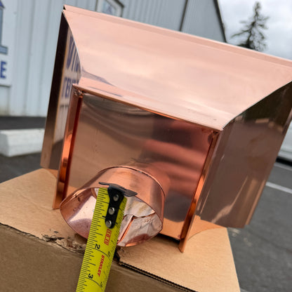 Copper conductor head leader head rain head collection box 14 inch single crown top smooth front flared body 2x3 oval downspout connection architectural gutter accessory premium residential commercial Damascus Oregon GutterAll