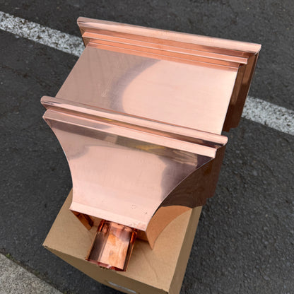 Copper conductor head leader head rain head collection box 14 inch single crown top smooth front flared body 2x3 oval downspout connection architectural gutter accessory premium residential commercial Damascus Oregon GutterAll