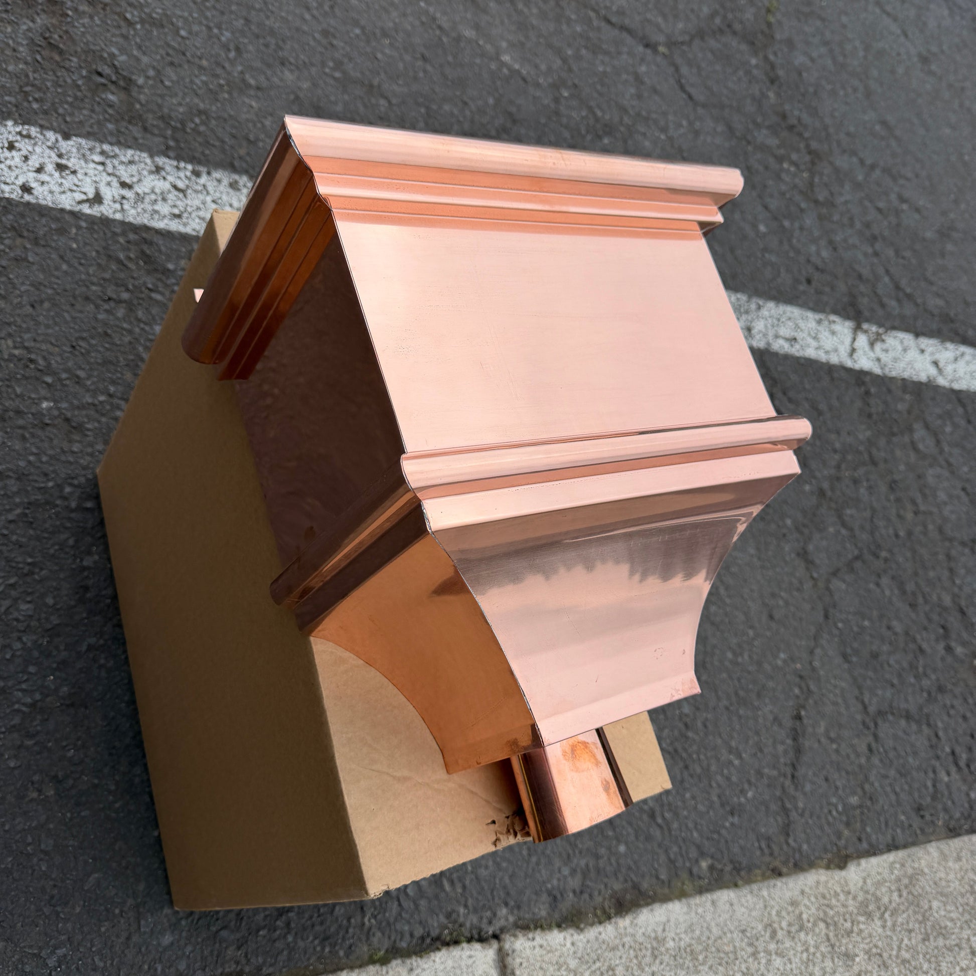 Copper conductor head leader head rain head collection box 14 inch single crown top smooth front flared body 2x3 oval downspout connection architectural gutter accessory premium residential commercial Damascus Oregon GutterAll
