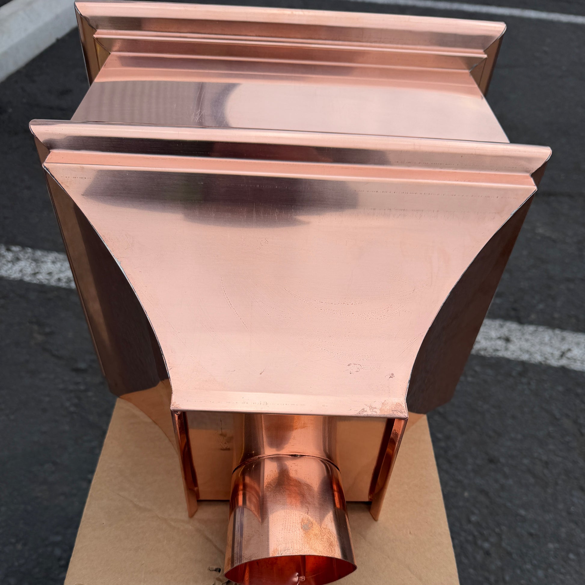 Copper conductor head leader head rain head collection box 14 inch single crown top smooth front flared body 2x3 oval downspout connection architectural gutter accessory premium residential commercial Damascus Oregon GutterAll