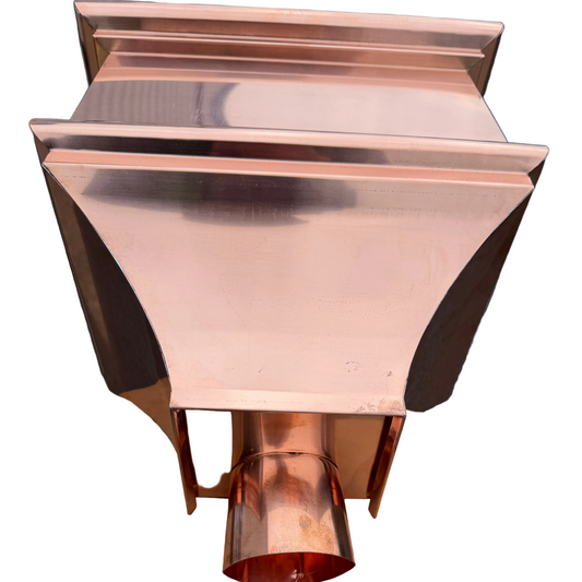Copper conductor head leader head rain head collection box 14 inch single crown top smooth front flared body 2x3 oval downspout connection architectural gutter accessory premium residential commercial Damascus Oregon GutterAll