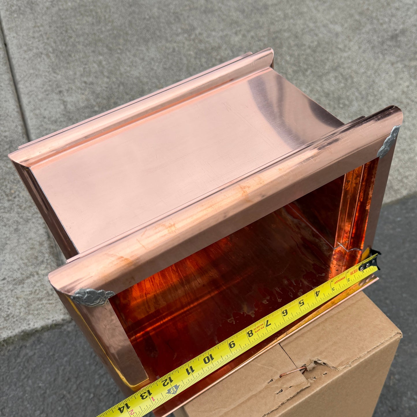 Copper conductor head leader head rain head collection box 14 inch single crown top smooth front flared body 2x3 oval downspout connection architectural gutter accessory premium residential commercial Damascus Oregon GutterAll