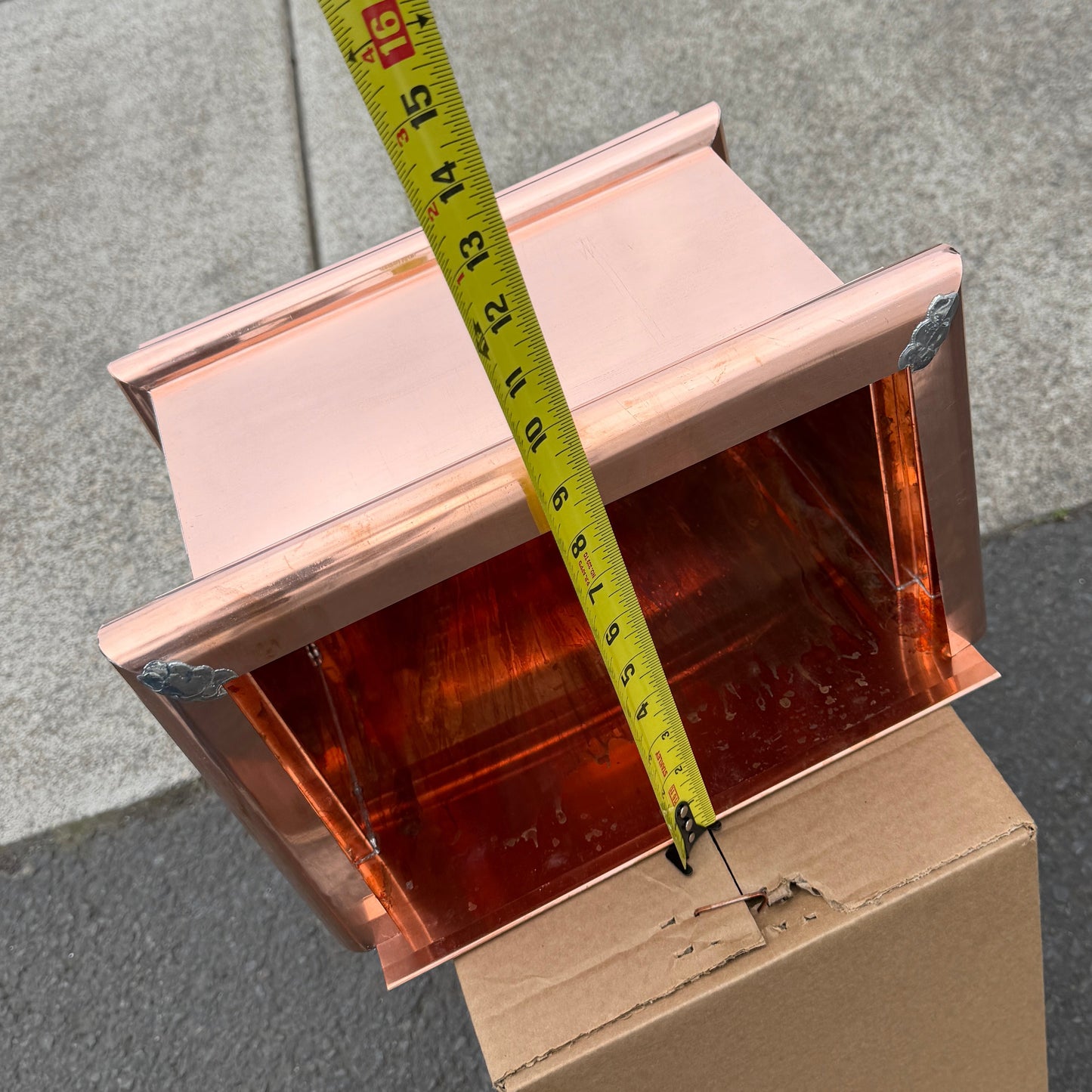 Copper conductor head leader head rain head collection box 14 inch single crown top smooth front flared body 2x3 oval downspout connection architectural gutter accessory premium residential commercial Damascus Oregon GutterAll