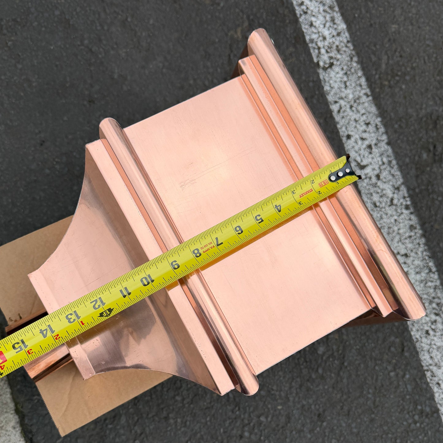 Copper conductor head leader head rain head collection box 14 inch single crown top smooth front flared body 2x3 oval downspout connection architectural gutter accessory premium residential commercial Damascus Oregon GutterAll