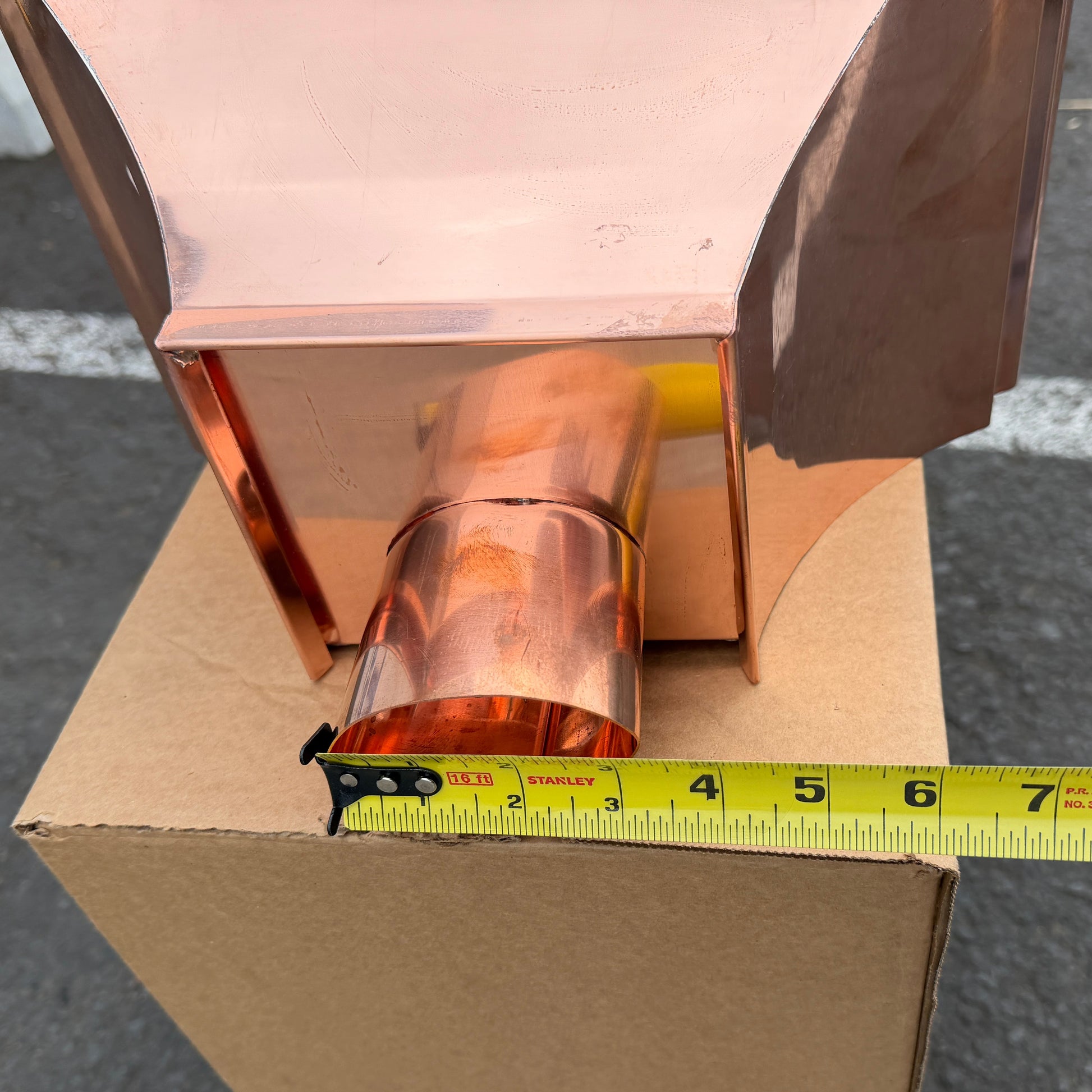 Copper conductor head leader head rain head collection box 14 inch single crown top smooth front flared body 2x3 oval downspout connection architectural gutter accessory premium residential commercial Damascus Oregon GutterAll