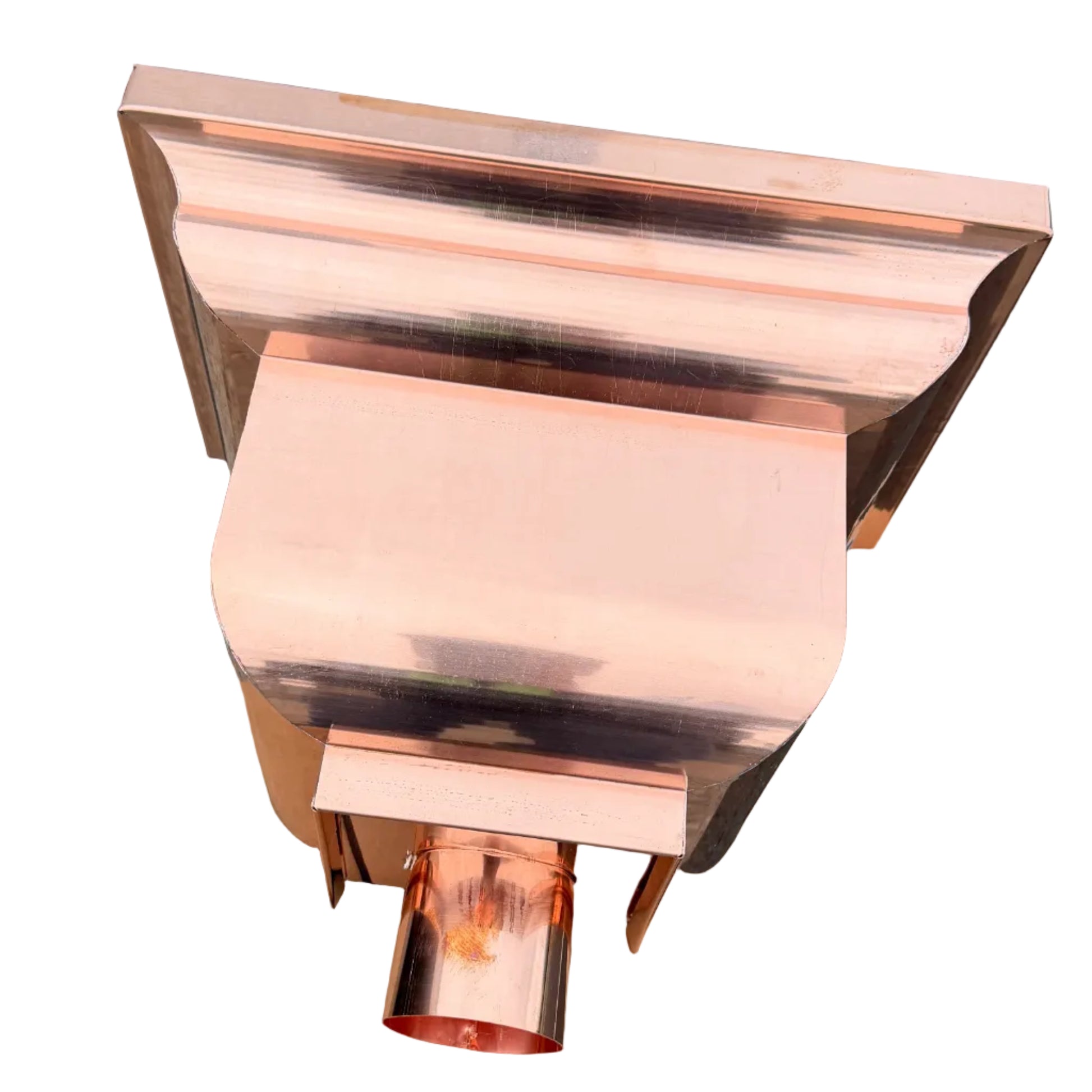 Copper conductor head leader head rain collector box 14x10x11 inch crown molding design smooth curved front 2x3 oval outlet polished copper finish architectural gutter accessory custom homes upscale remodels GutterAll Damascus Oregon