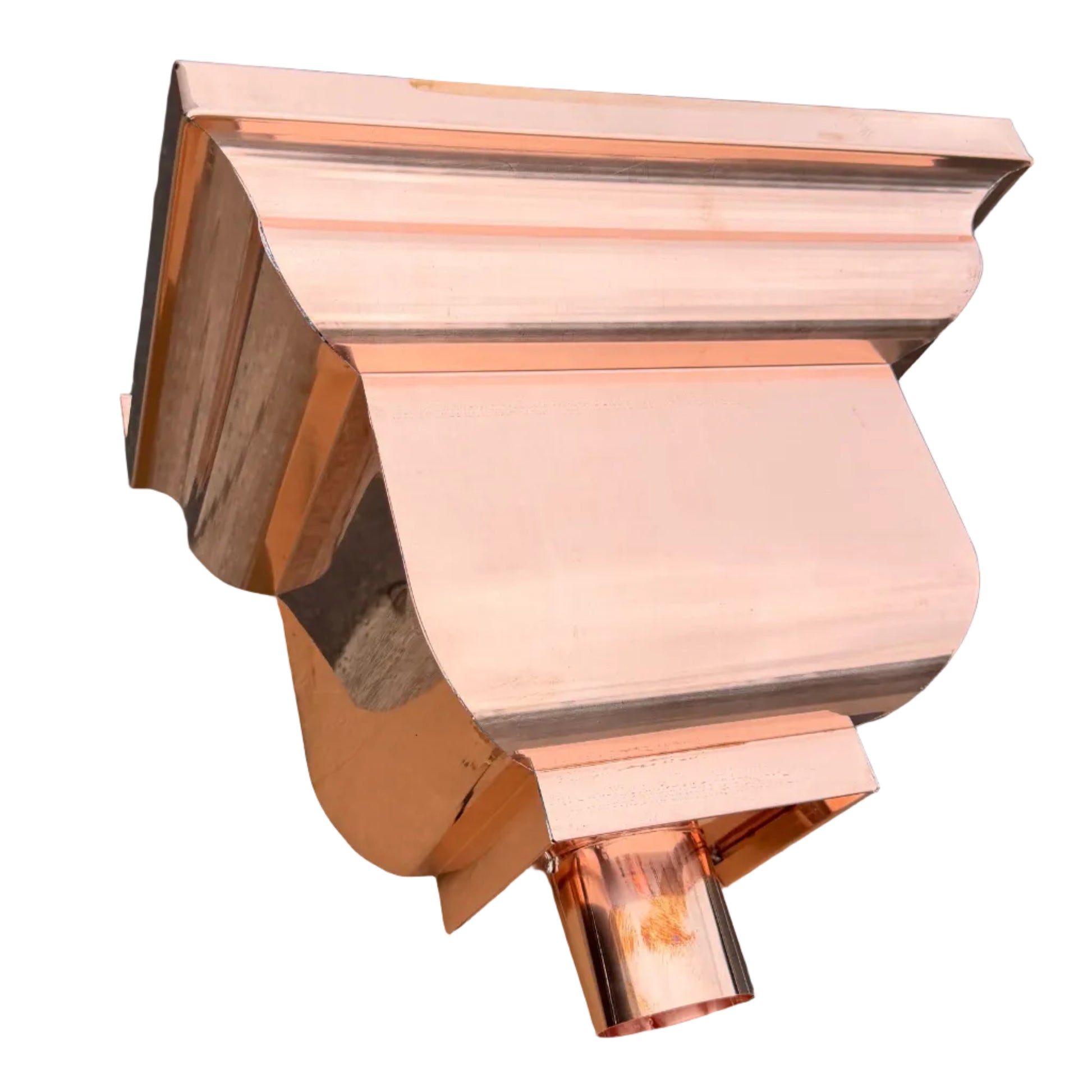 Copper conductor head leader head rain collector box 14x10x11 inch crown molding design smooth curved front 2x3 oval outlet polished copper finish architectural gutter accessory custom homes upscale remodels GutterAll Damascus Oregon