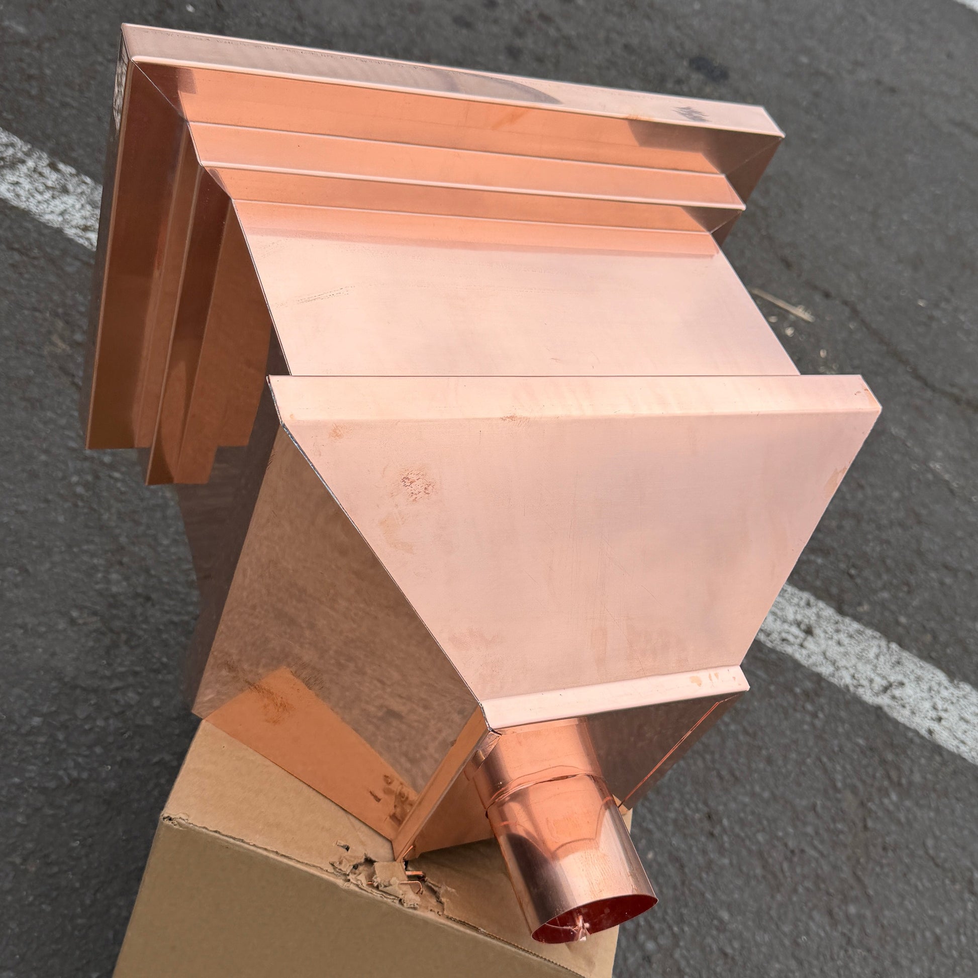 16x11x14 copper conductor head leader head rain head collection box modern box style stepped design tapered outlet 2x3 oval downspout connection architectural drainage component premium copper gutter accessory - GutterAll Damascus Oregon