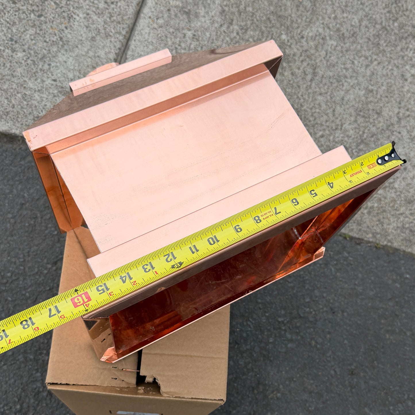 16x11x14 copper conductor head leader head rain head collection box modern box style stepped design tapered outlet 2x3 oval downspout connection architectural drainage component premium copper gutter accessory - GutterAll Damascus Oregon