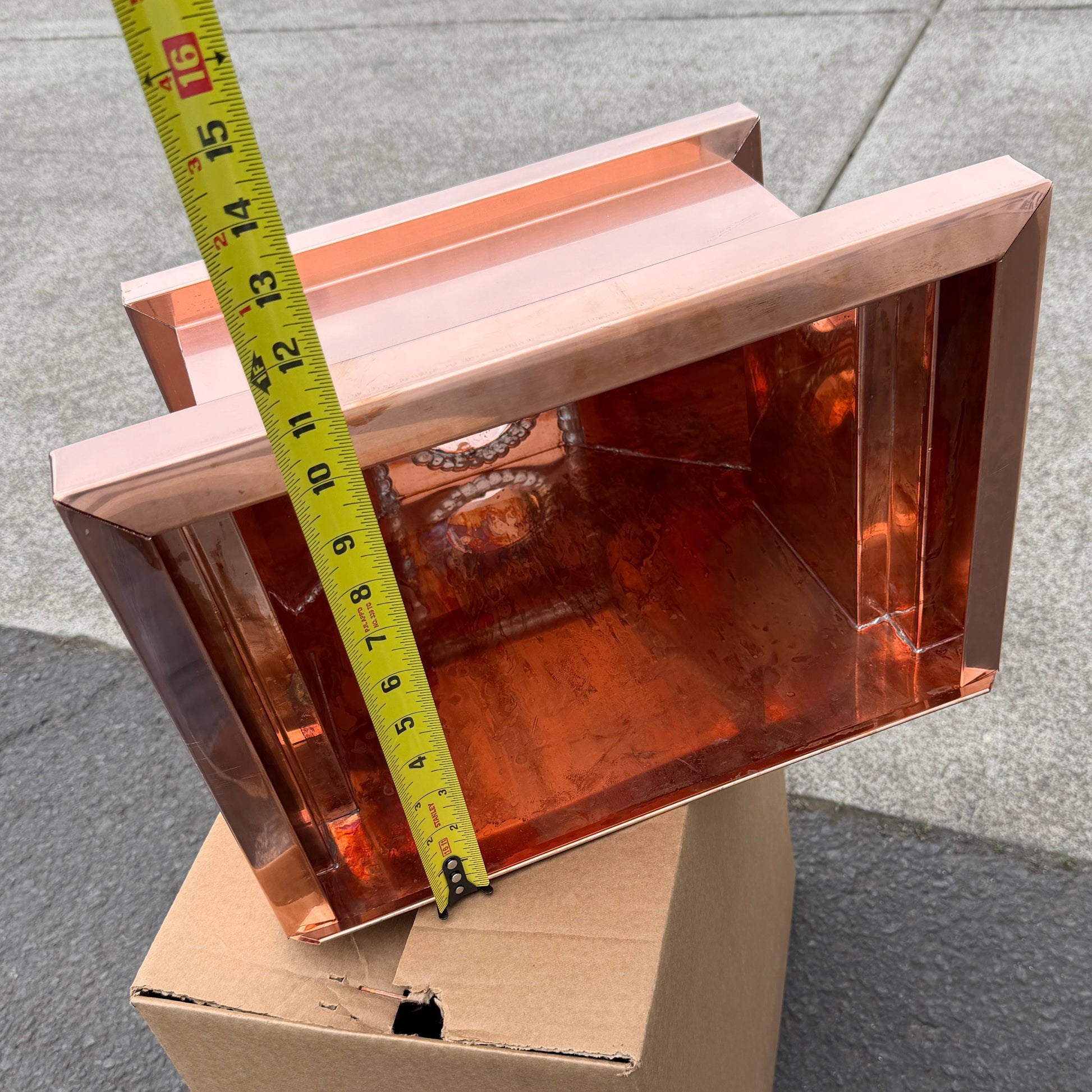 16x11x14 copper conductor head leader head rain head collection box modern box style stepped design tapered outlet 2x3 oval downspout connection architectural drainage component premium copper gutter accessory - GutterAll Damascus Oregon