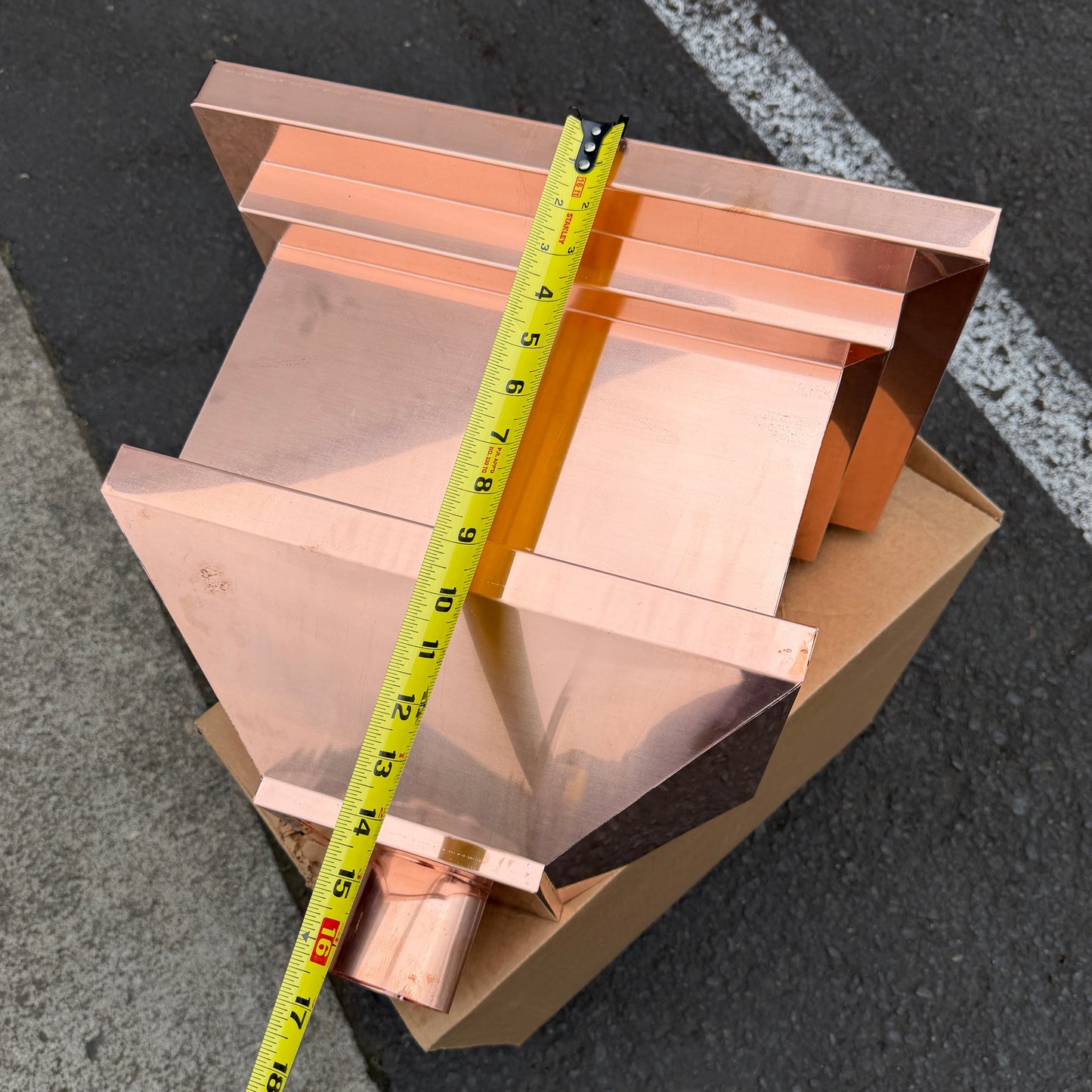 16x11x14 copper conductor head leader head rain head collection box modern box style stepped design tapered outlet 2x3 oval downspout connection architectural drainage component premium copper gutter accessory - GutterAll Damascus Oregon