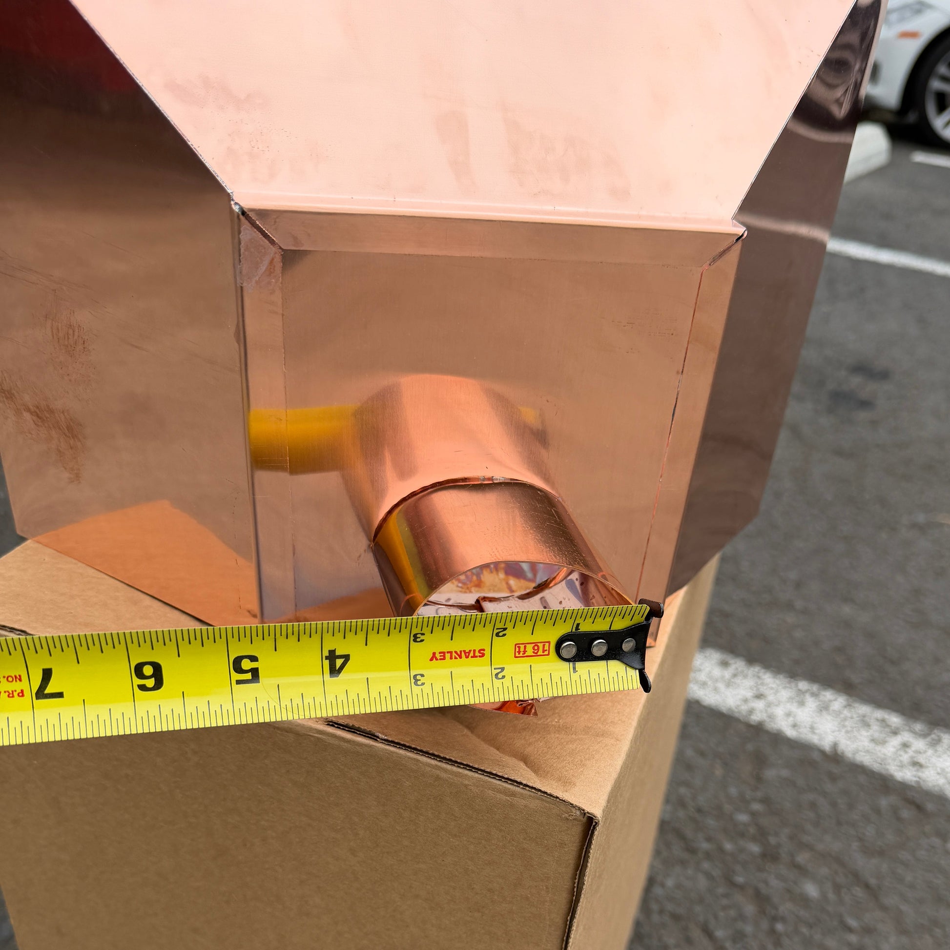 16x11x14 copper conductor head leader head rain head collection box modern box style stepped design tapered outlet 2x3 oval downspout connection architectural drainage component premium copper gutter accessory - GutterAll Damascus Oregon
