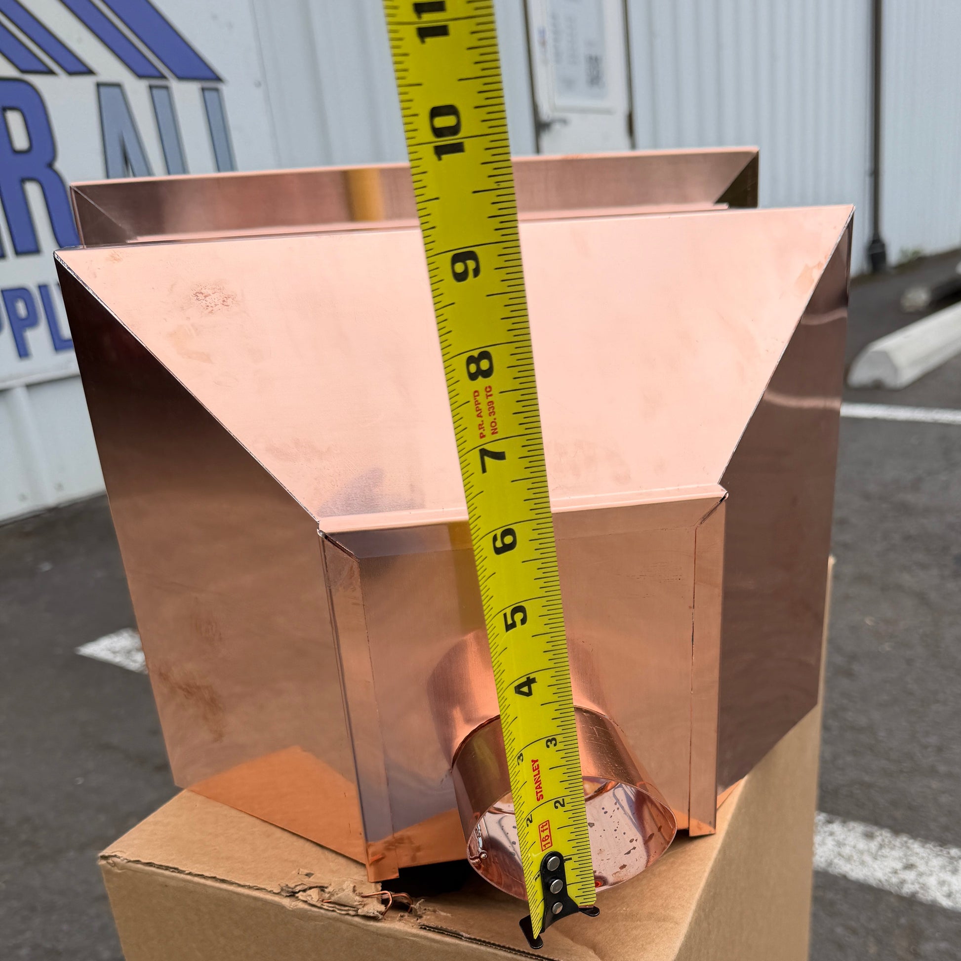 16x11x14 copper conductor head leader head rain head collection box modern box style stepped design tapered outlet 2x3 oval downspout connection architectural drainage component premium copper gutter accessory - GutterAll Damascus Oregon
