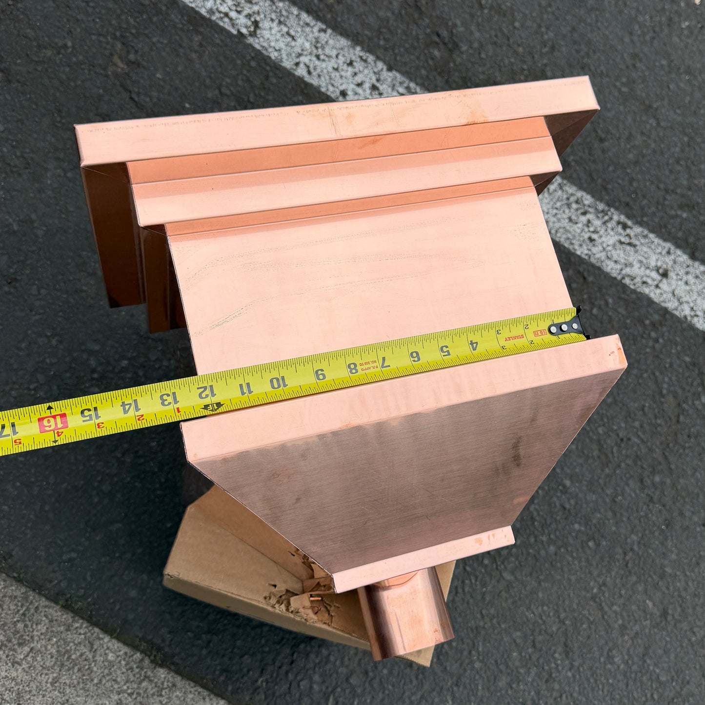 16x11x14 copper conductor head leader head rain head collection box modern box style stepped design tapered outlet 2x3 oval downspout connection architectural drainage component premium copper gutter accessory - GutterAll Damascus Oregon