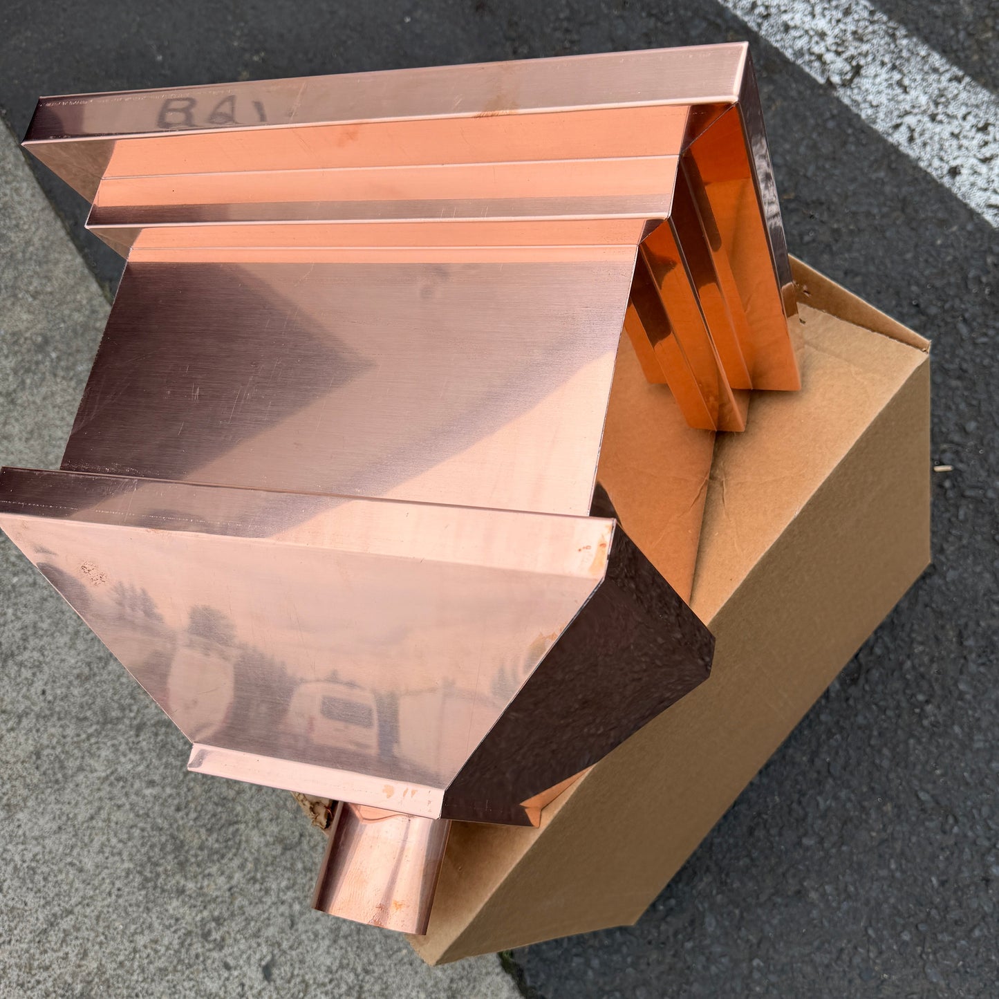 16x11x14 copper conductor head leader head rain head collection box modern box style stepped design tapered outlet 2x3 oval downspout connection architectural drainage component premium copper gutter accessory - GutterAll Damascus Oregon