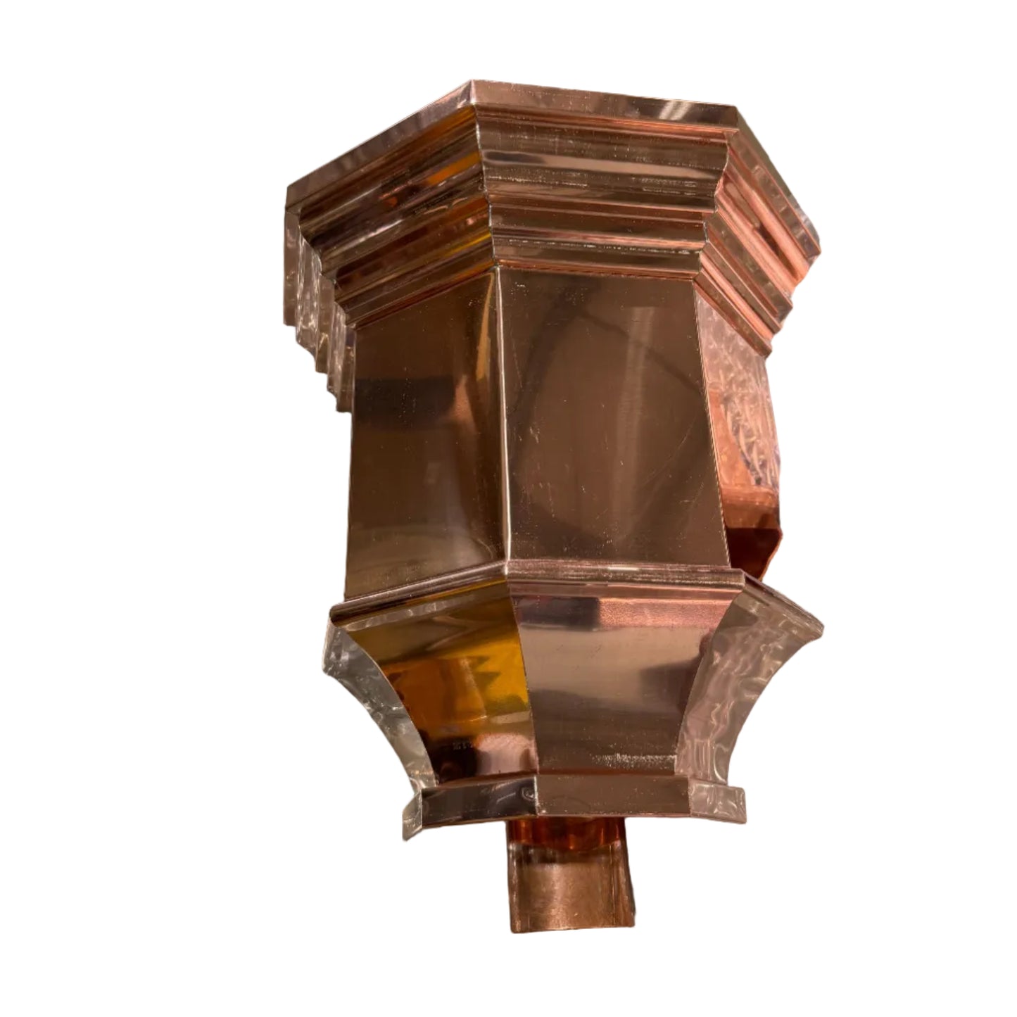 Copper conductor head 16x15x10 leader head rain head collection box crown molding tapered design gutter downspout overflow protection natural patina custom home architectural detail - GutterAll Damascus Oregon