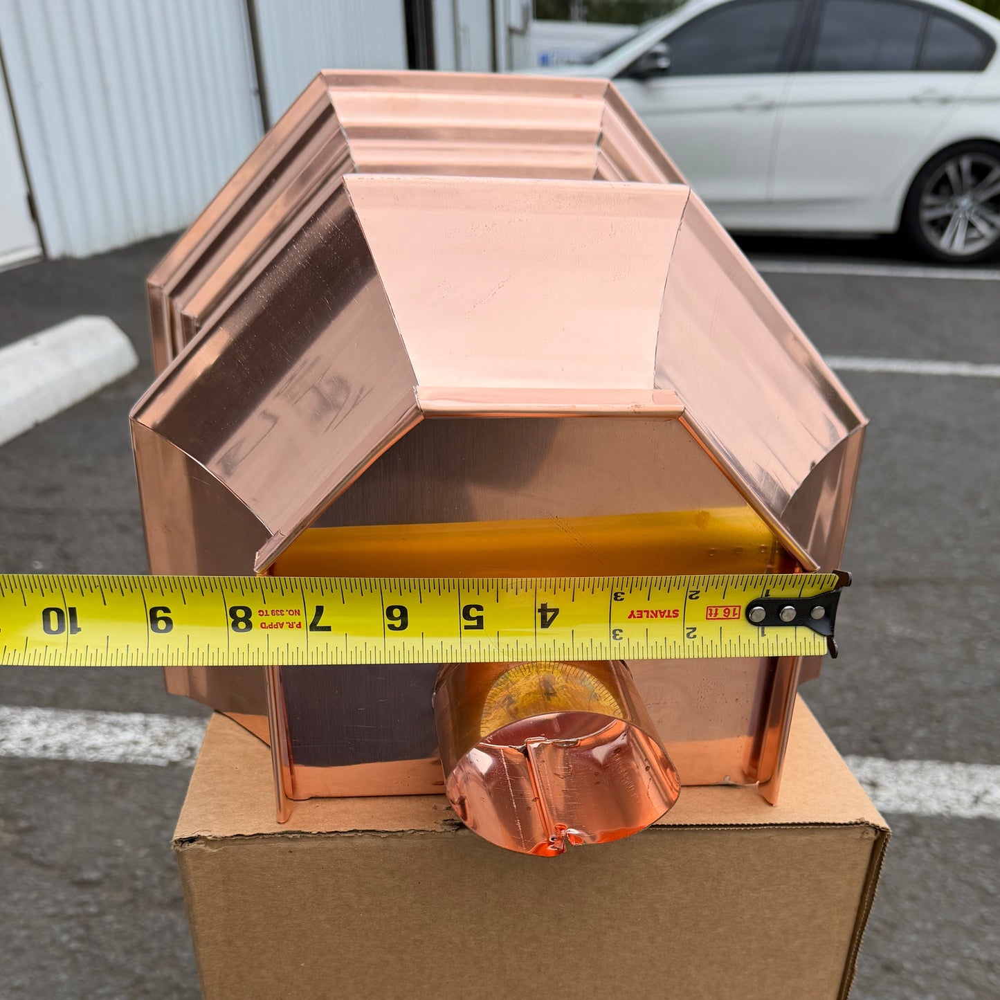 Copper conductor head 16x15x10 leader head rain head collection box crown molding tapered design gutter downspout overflow protection natural patina custom home architectural detail - GutterAll Damascus Oregon