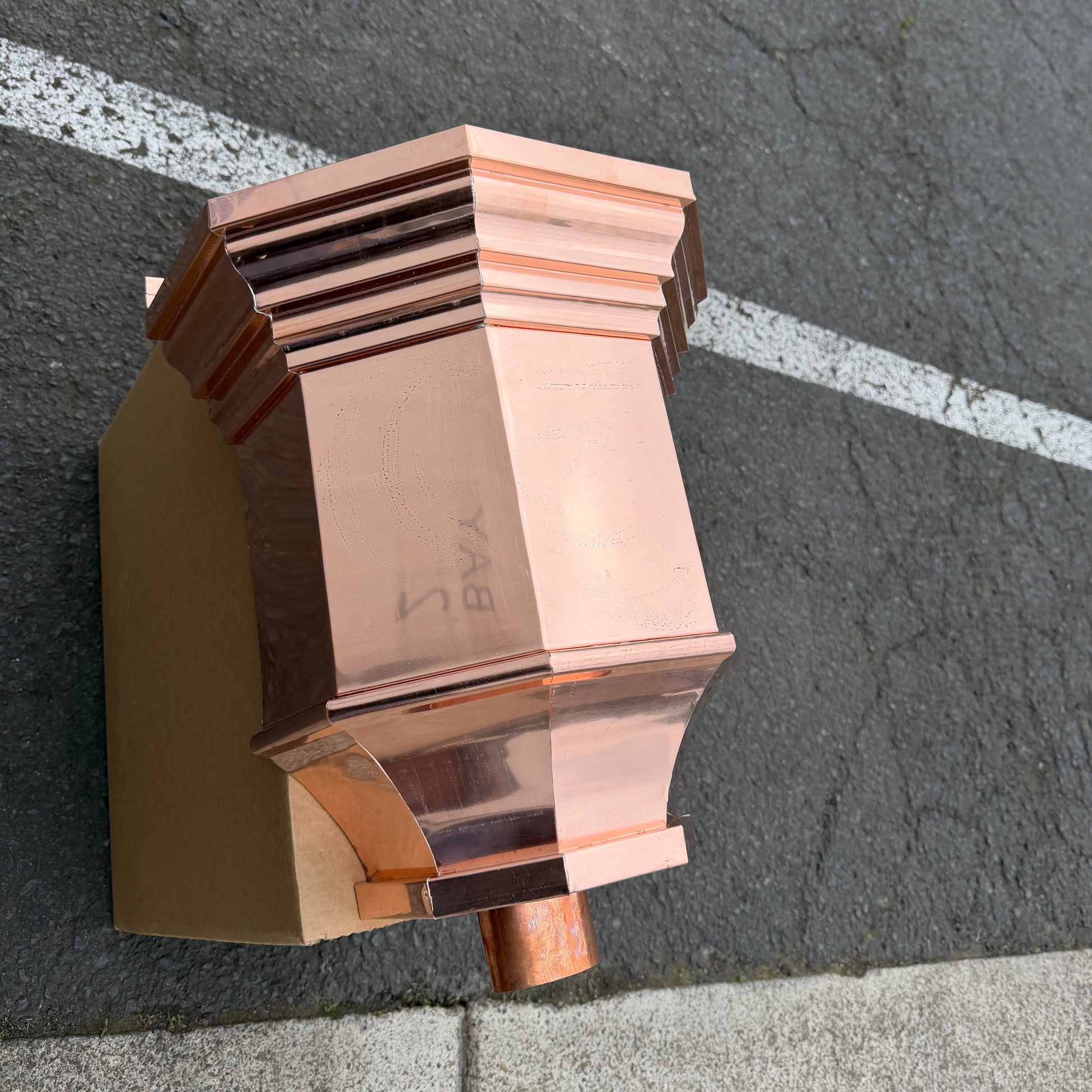 Copper conductor head 16x15x10 leader head rain head collection box crown molding tapered design gutter downspout overflow protection natural patina custom home architectural detail - GutterAll Damascus Oregon