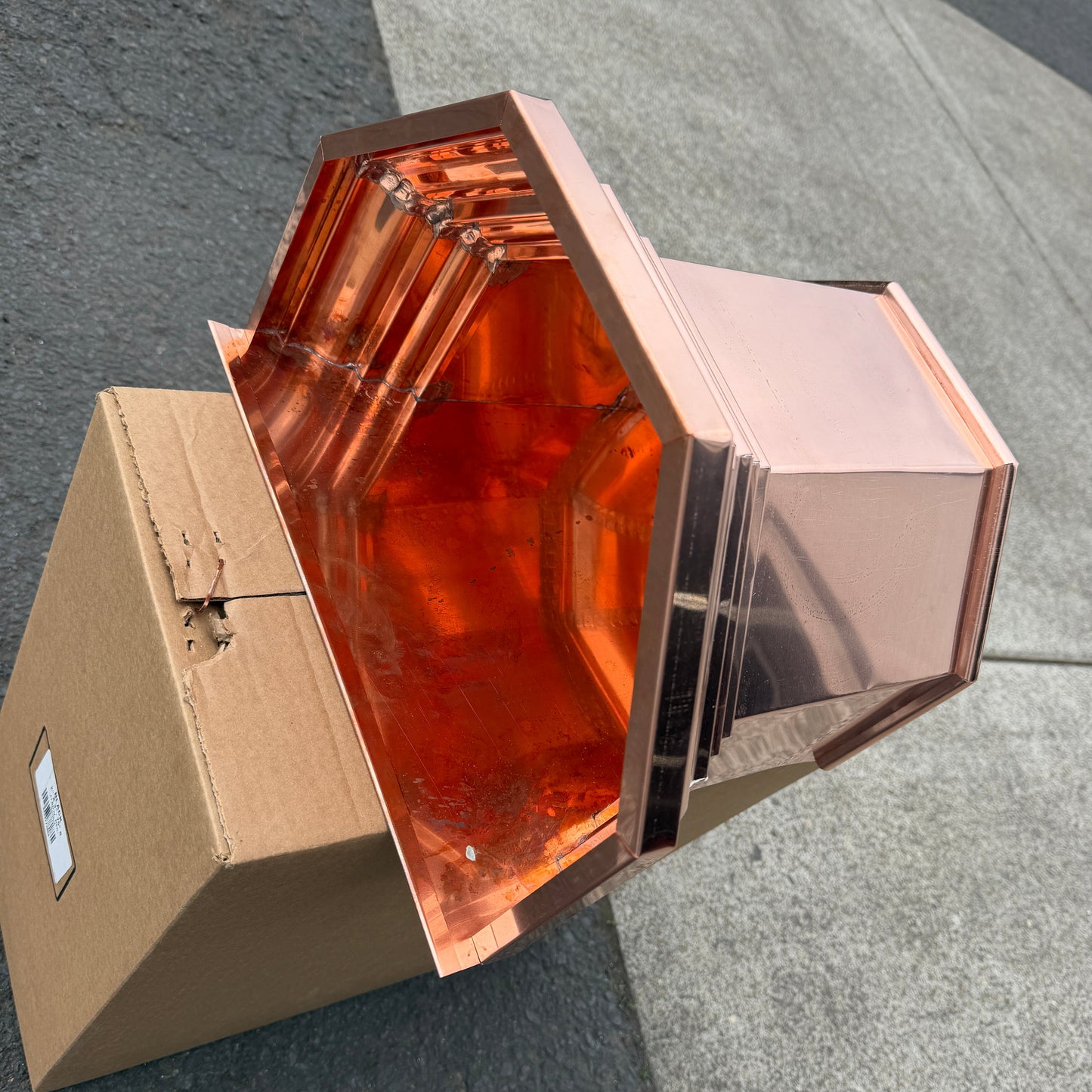 Copper conductor head 16x15x10 leader head rain head collection box crown molding tapered design gutter downspout overflow protection natural patina custom home architectural detail - GutterAll Damascus Oregon