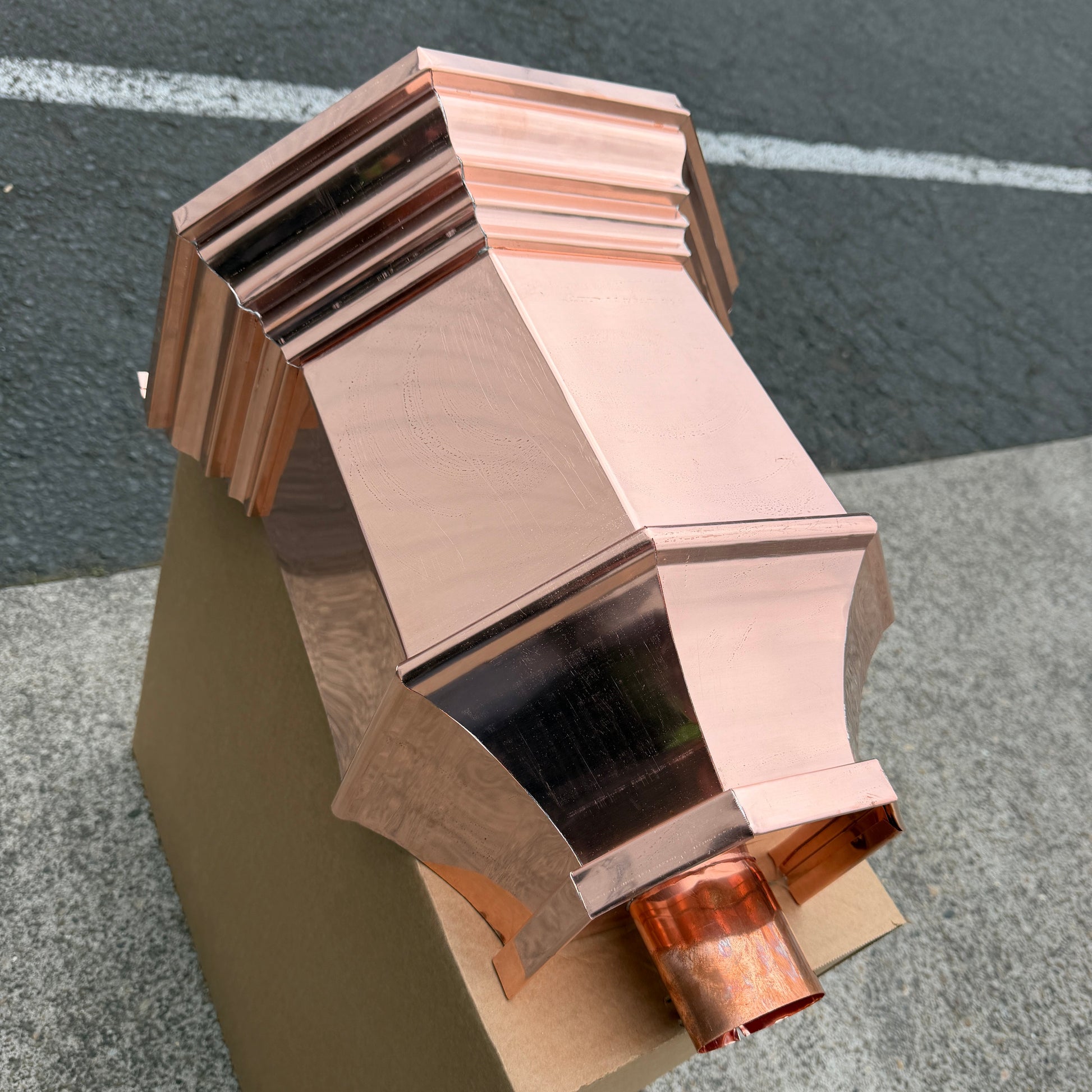 Copper conductor head 16x15x10 leader head rain head collection box crown molding tapered design gutter downspout overflow protection natural patina custom home architectural detail - GutterAll Damascus Oregon