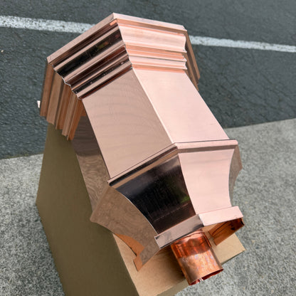 Copper conductor head 16x15x10 leader head rain head collection box crown molding tapered design gutter downspout overflow protection natural patina custom home architectural detail - GutterAll Damascus Oregon