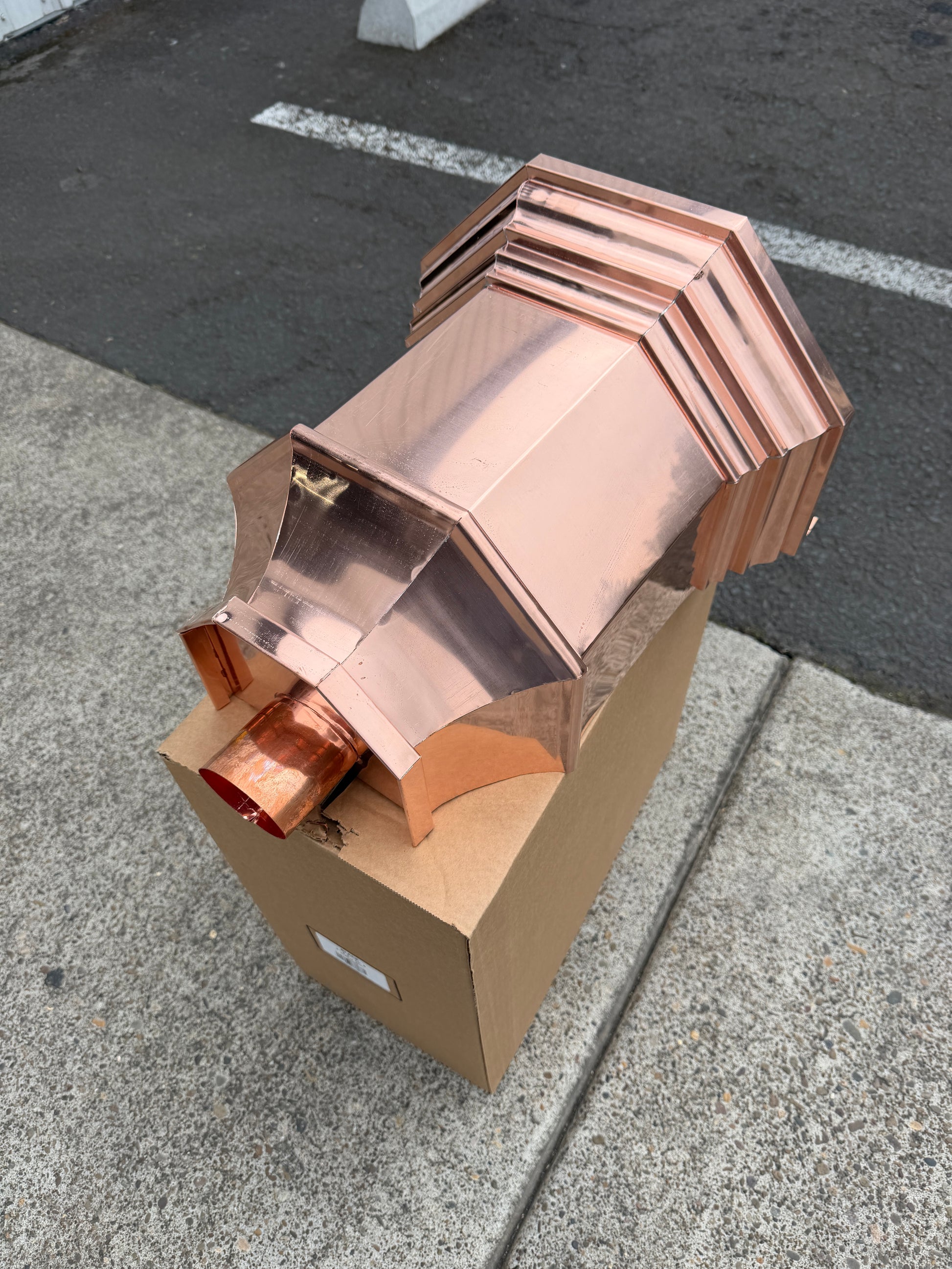 Copper conductor head 16x15x10 leader head rain head collection box crown molding tapered design gutter downspout overflow protection natural patina custom home architectural detail - GutterAll Damascus Oregon