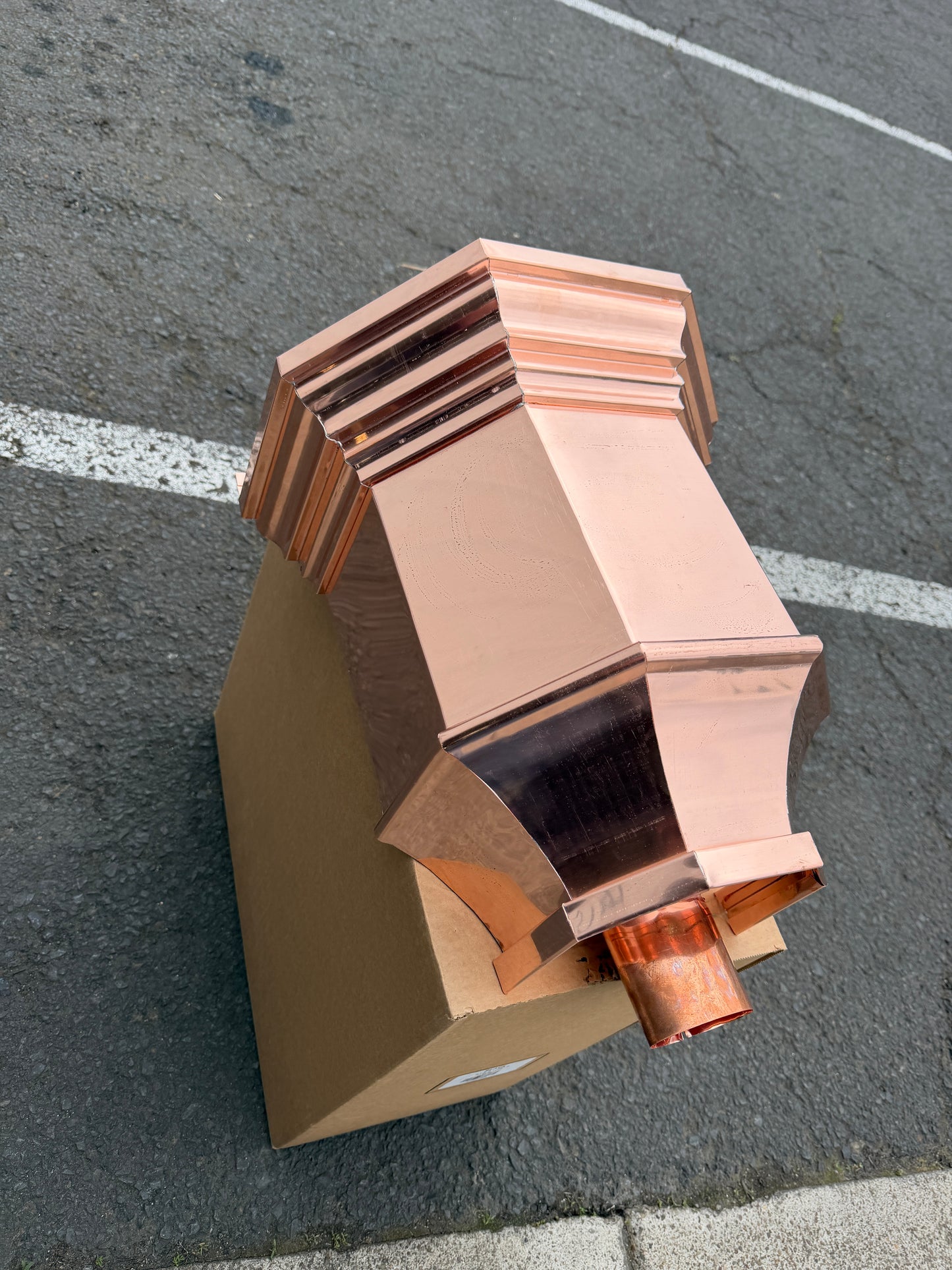 Copper conductor head 16x15x10 leader head rain head collection box crown molding tapered design gutter downspout overflow protection natural patina custom home architectural detail - GutterAll Damascus Oregon