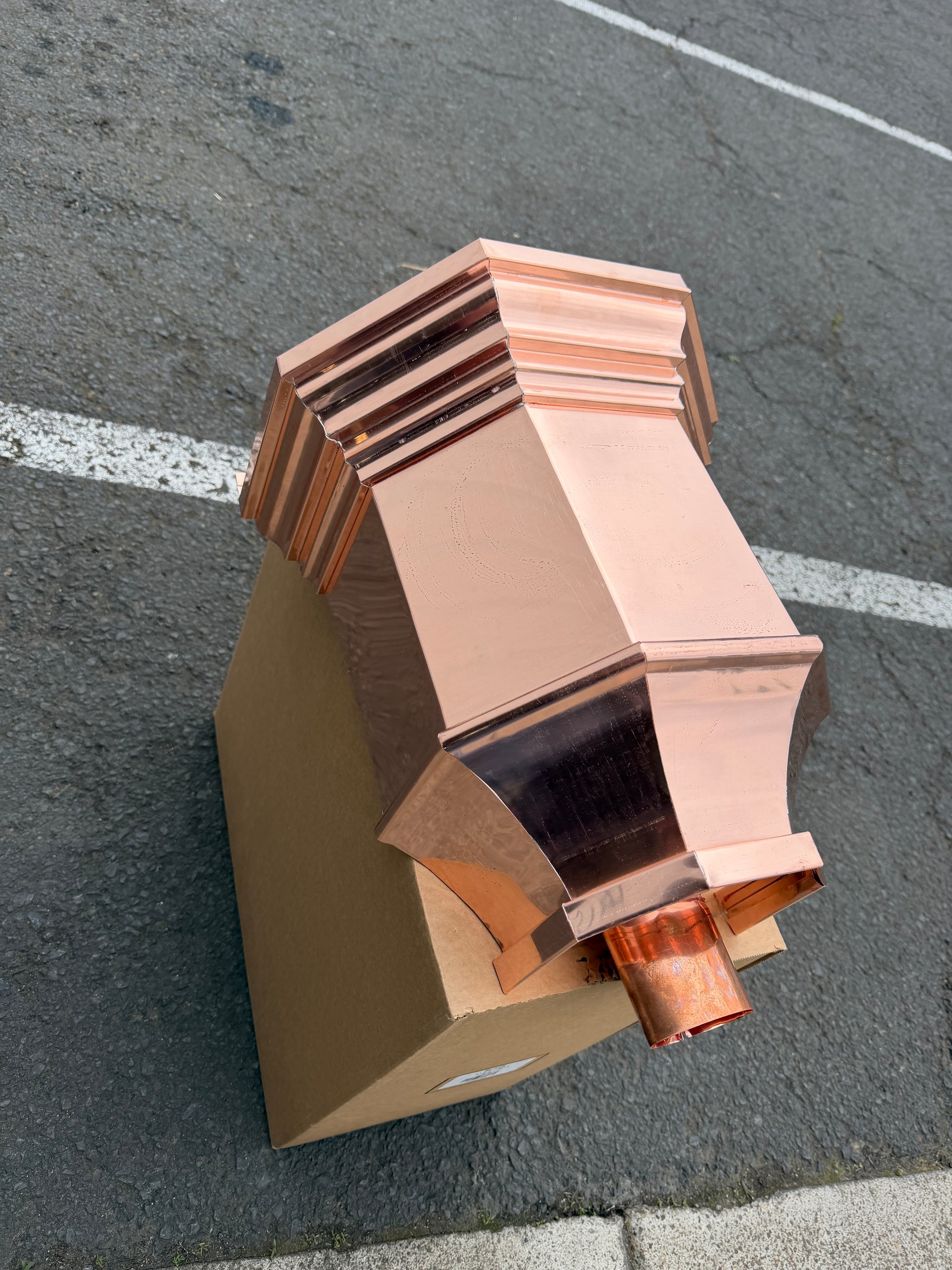 Copper conductor head 16x15x10 leader head rain head collection box crown molding tapered design gutter downspout overflow protection natural patina custom home architectural detail - GutterAll Damascus Oregon