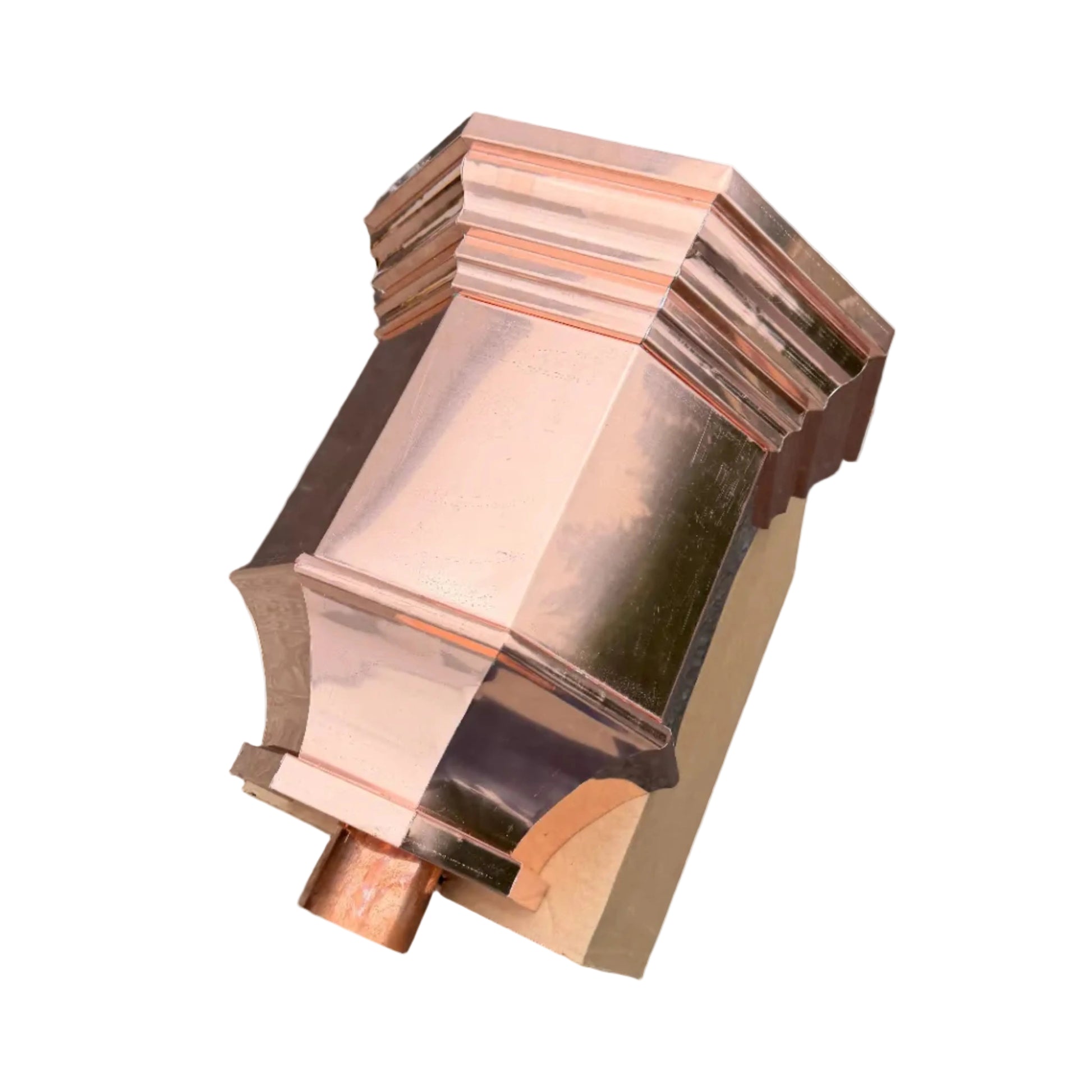 Copper conductor head 16x15x10 leader head rain head collection box crown molding tapered design gutter downspout overflow protection natural patina custom home architectural detail - GutterAll Damascus Oregon