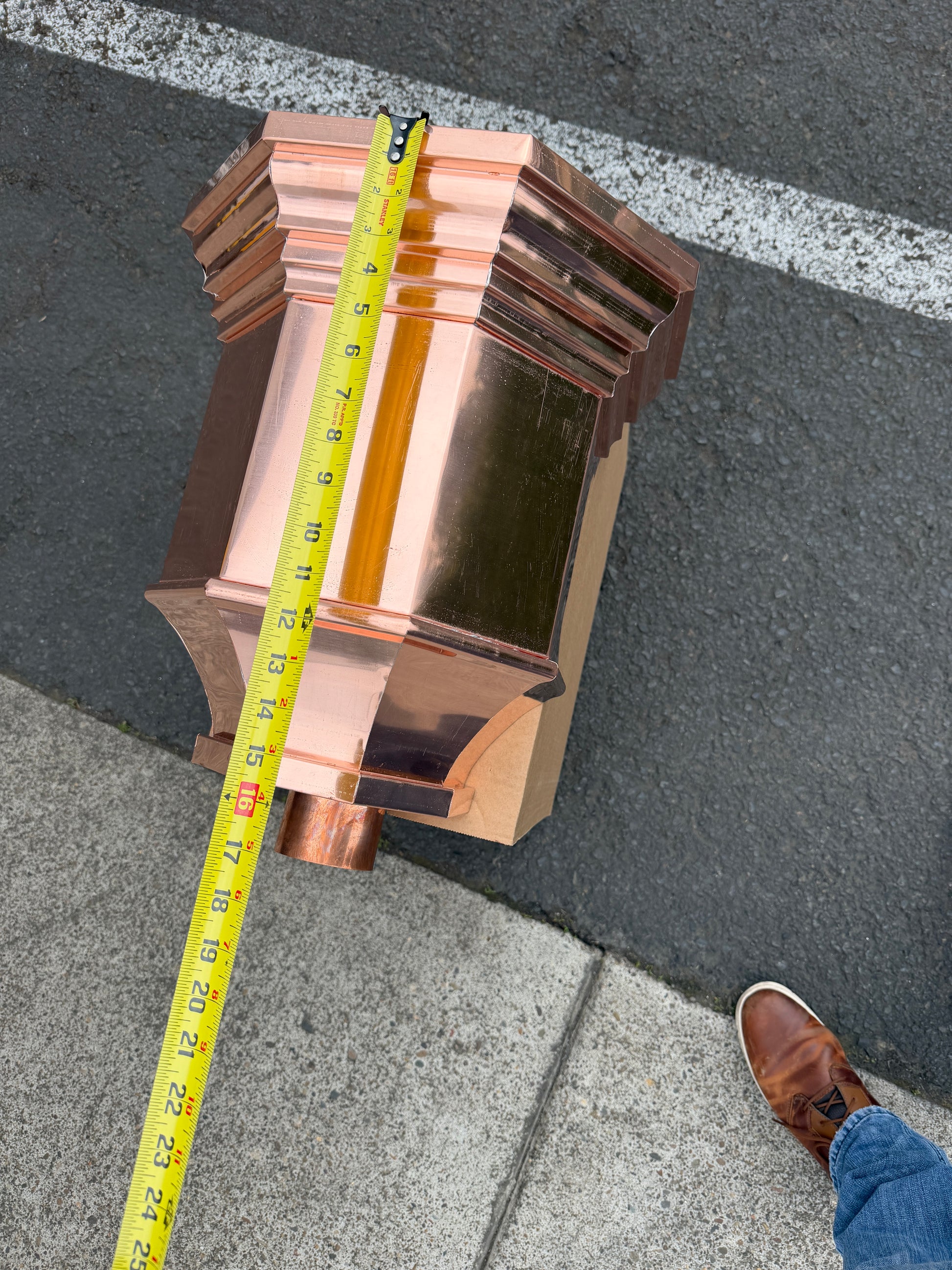 Copper conductor head 16x15x10 leader head rain head collection box crown molding tapered design gutter downspout overflow protection natural patina custom home architectural detail - GutterAll Damascus Oregon