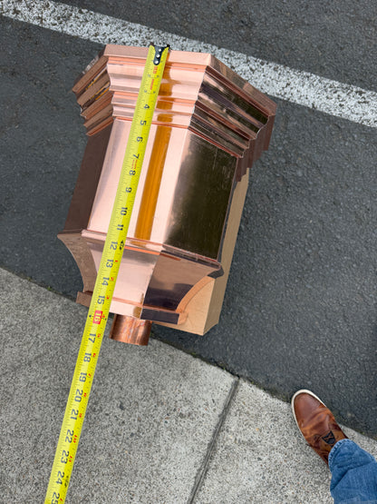 Copper conductor head 16x15x10 leader head rain head collection box crown molding tapered design gutter downspout overflow protection natural patina custom home architectural detail - GutterAll Damascus Oregon