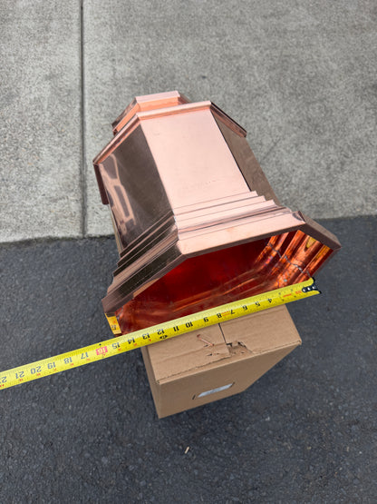 Copper conductor head 16x15x10 leader head rain head collection box crown molding tapered design gutter downspout overflow protection natural patina custom home architectural detail - GutterAll Damascus Oregon