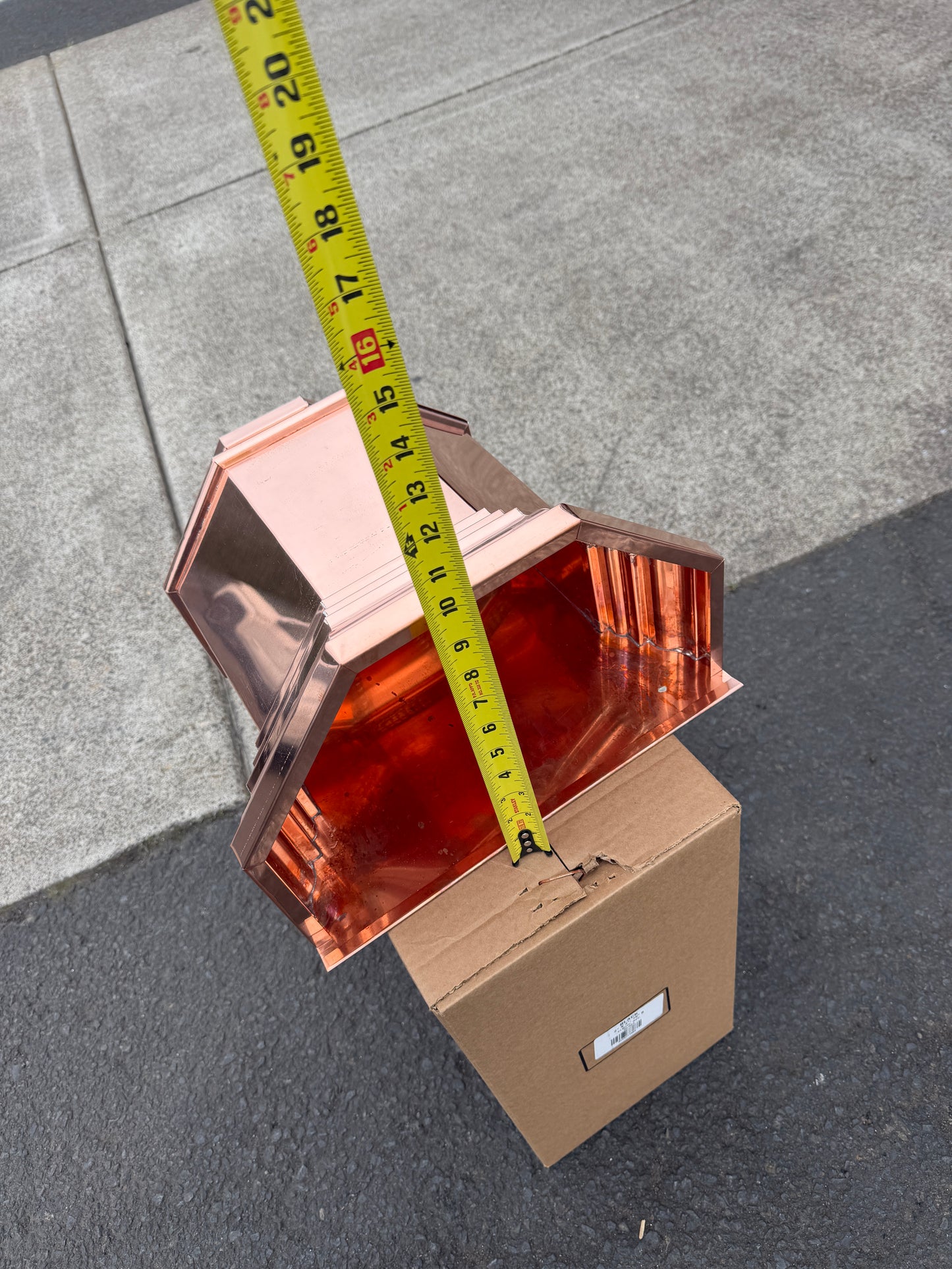 Copper conductor head 16x15x10 leader head rain head collection box crown molding tapered design gutter downspout overflow protection natural patina custom home architectural detail - GutterAll Damascus Oregon