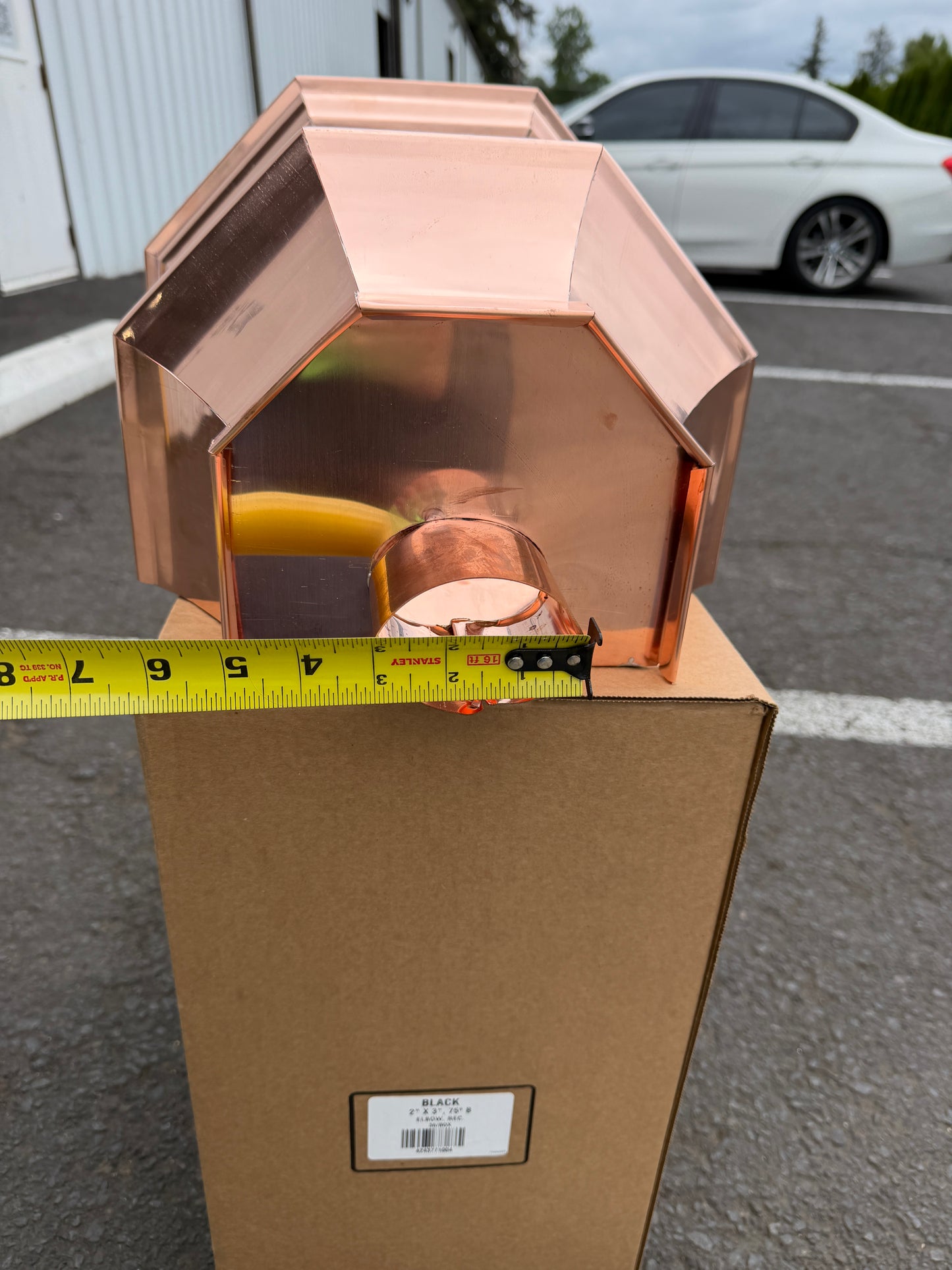 Copper conductor head 16x15x10 leader head rain head collection box crown molding tapered design gutter downspout overflow protection natural patina custom home architectural detail - GutterAll Damascus Oregon