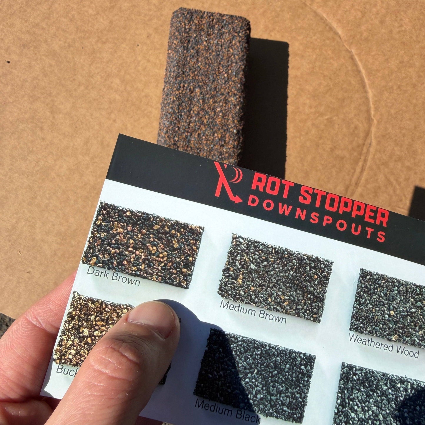 Dark Brown Rot Stopper granule-coated downspout. Matches roof shingles. Prevents fascia rot. 6 colors. Custom matching available. Invisible drainage. Damascus OR.