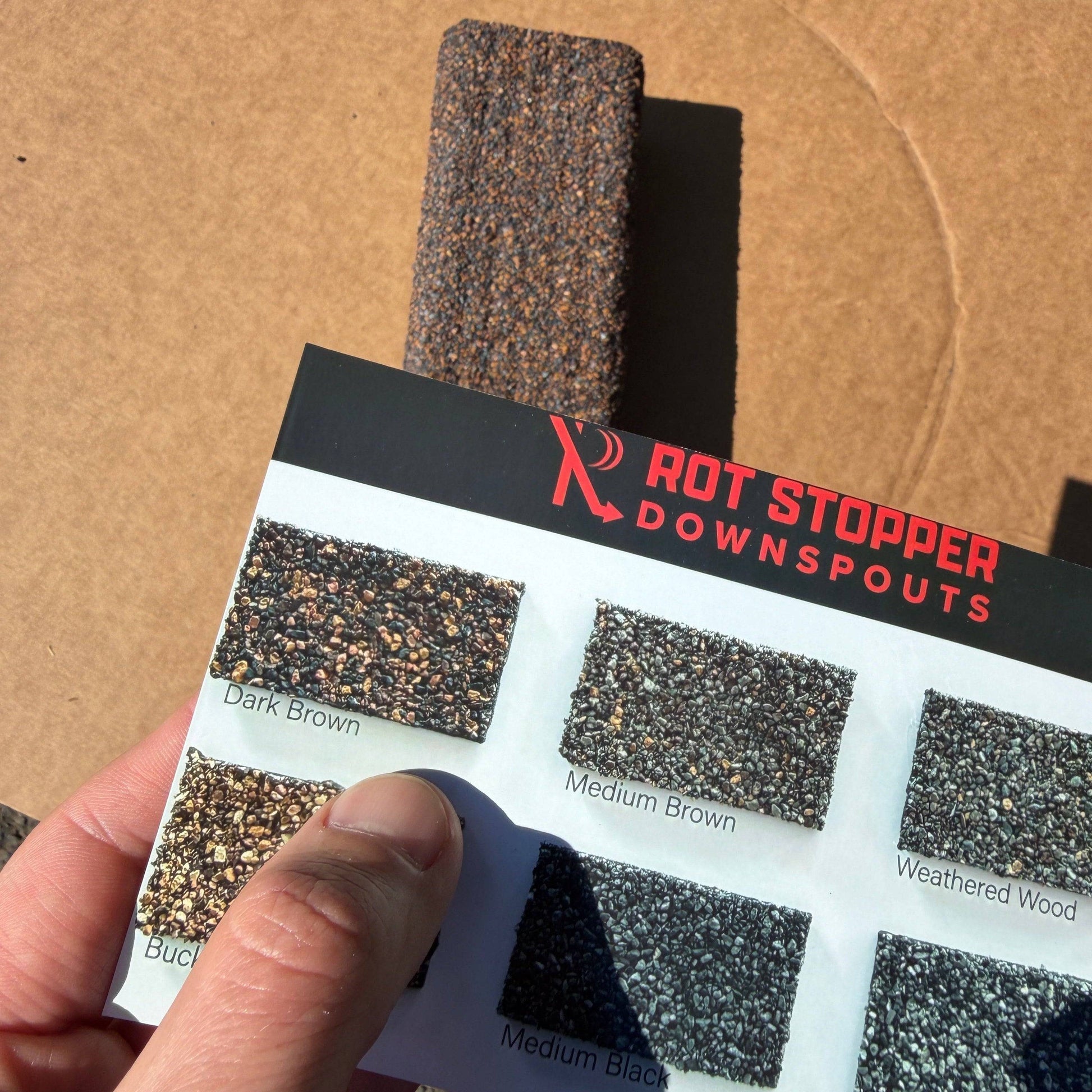 Dark Brown Rot Stopper granule-coated downspout. Matches roof shingles. Prevents fascia rot. 6 colors. Custom matching available. Invisible drainage. Damascus OR.