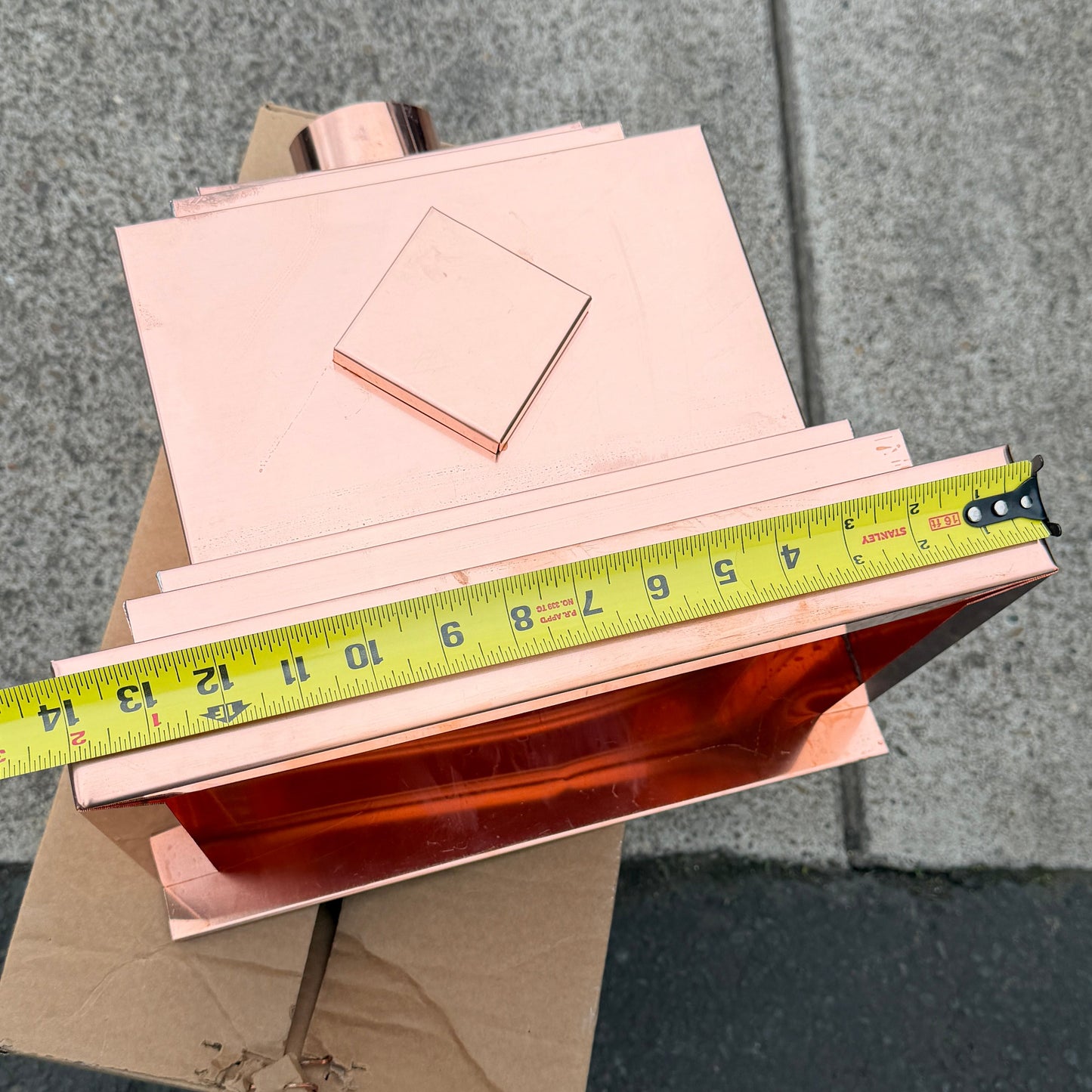 Copper conductor head leader head rain collector box 14 inch stepped decorative raised diamond panel 2x3 oval downspout architectural gutter accessory residential drainage - GutterAll Damascus Oregon